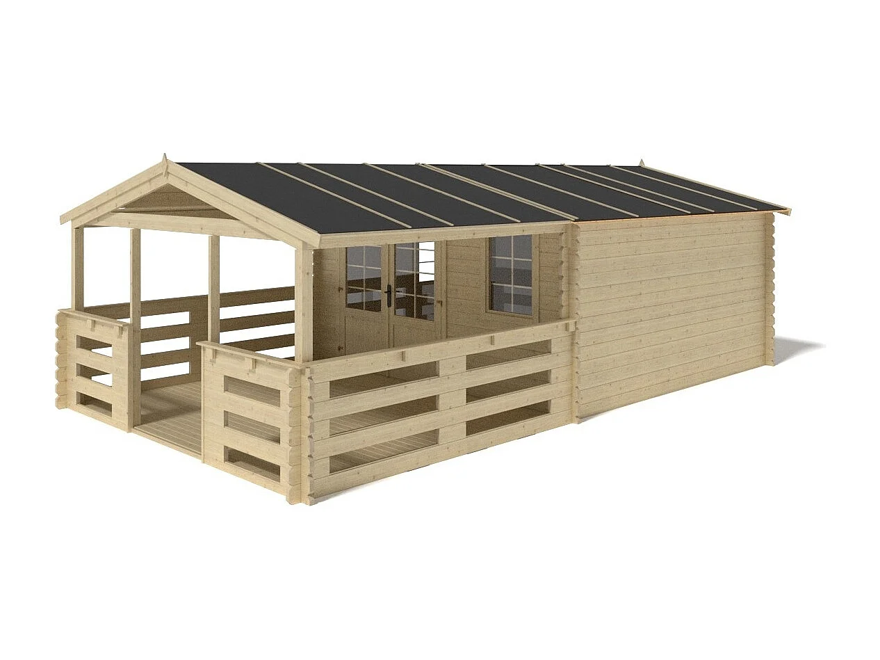 Abri de jardin en bois - 4x4 m + terrasse avec balustrade et avant-toit en bois - 28 m2 - DOM611+DOM618+DOM548+POD04 - ALTANKA