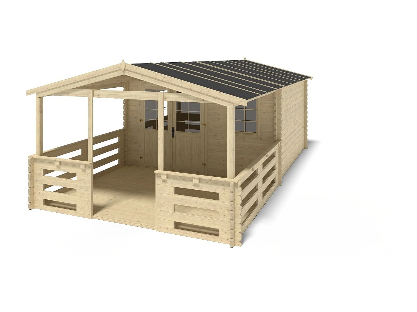Abri de jardin en bois - 4x4 m + terrasse avec balustrade et avant-toit en bois - 28 m2 - DOM611+DOM618+DOM548+POD04 - ALTANKA