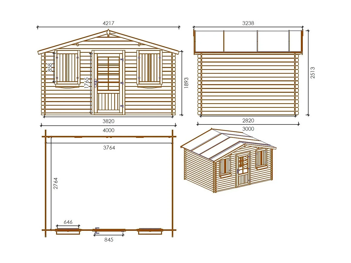 Casetta da giardino in legno - 12.00m2 - 4.00x3.00m - 28mm - colore: naturale - DOM137 - ALTANKA