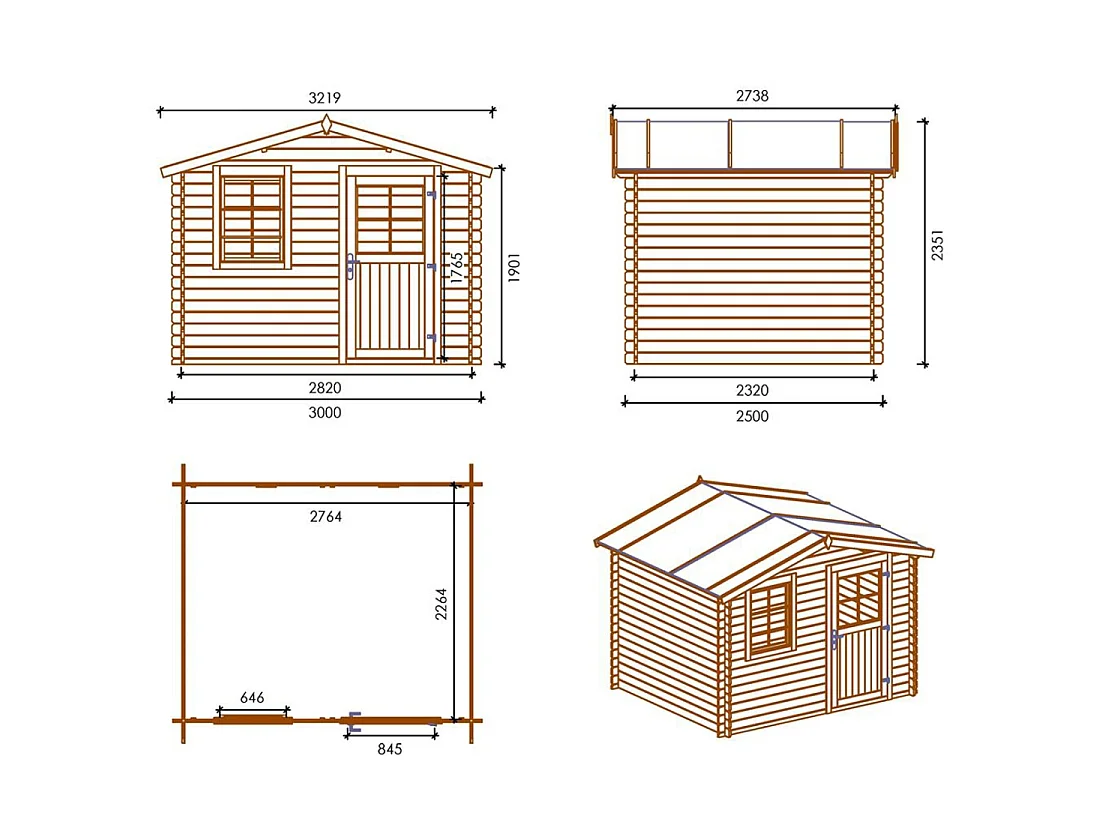 Casetta da giardino in legno - 7.5m2 - 3x2.5m - 28mm - colore: naturale - DOM469 - ALTANKA