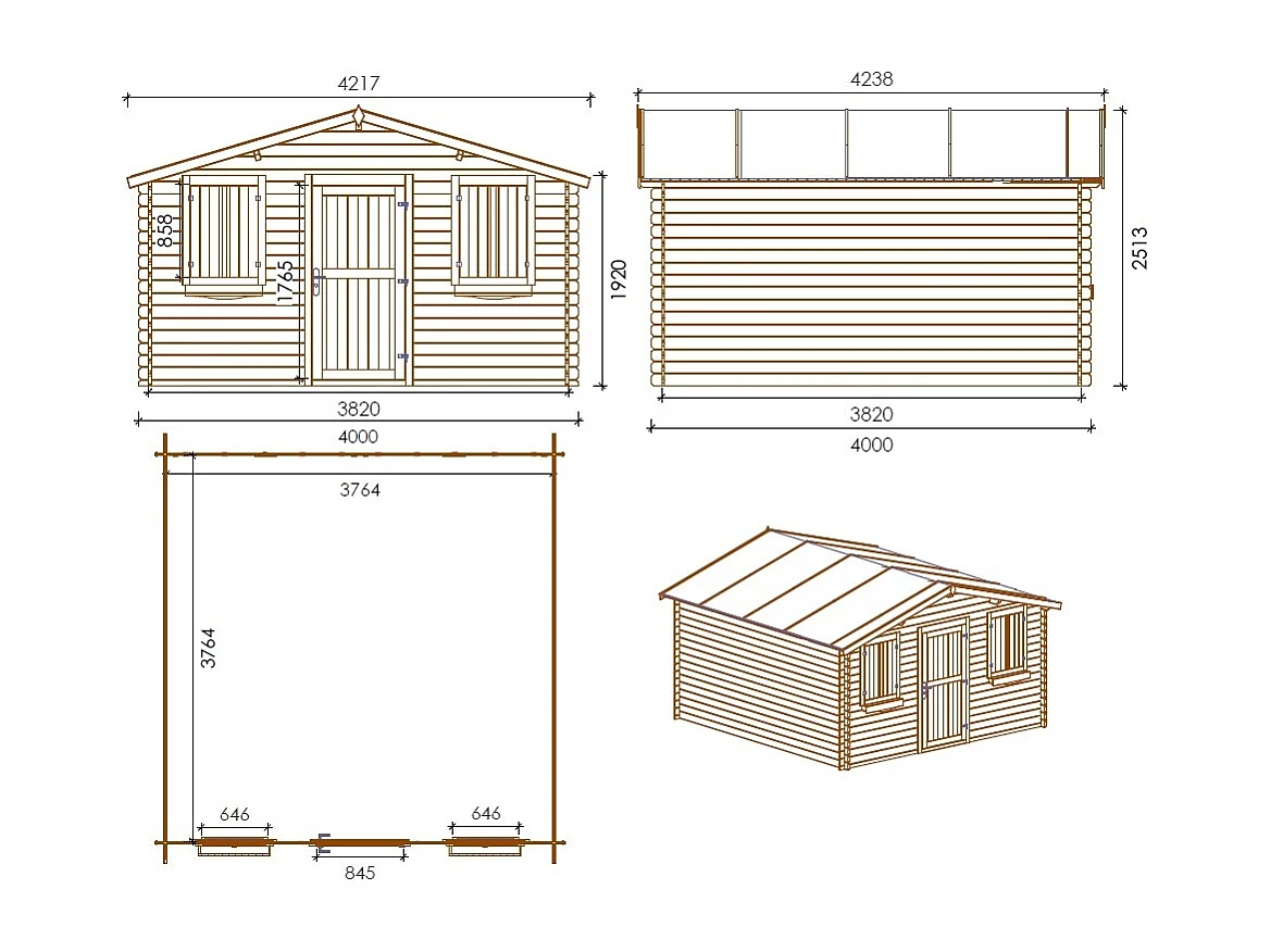 Abri de jardin en bois - 16m2 - 4x4m - Traité - Ep. 28mm - Couleur: marron - DOM144 - ALTANKA