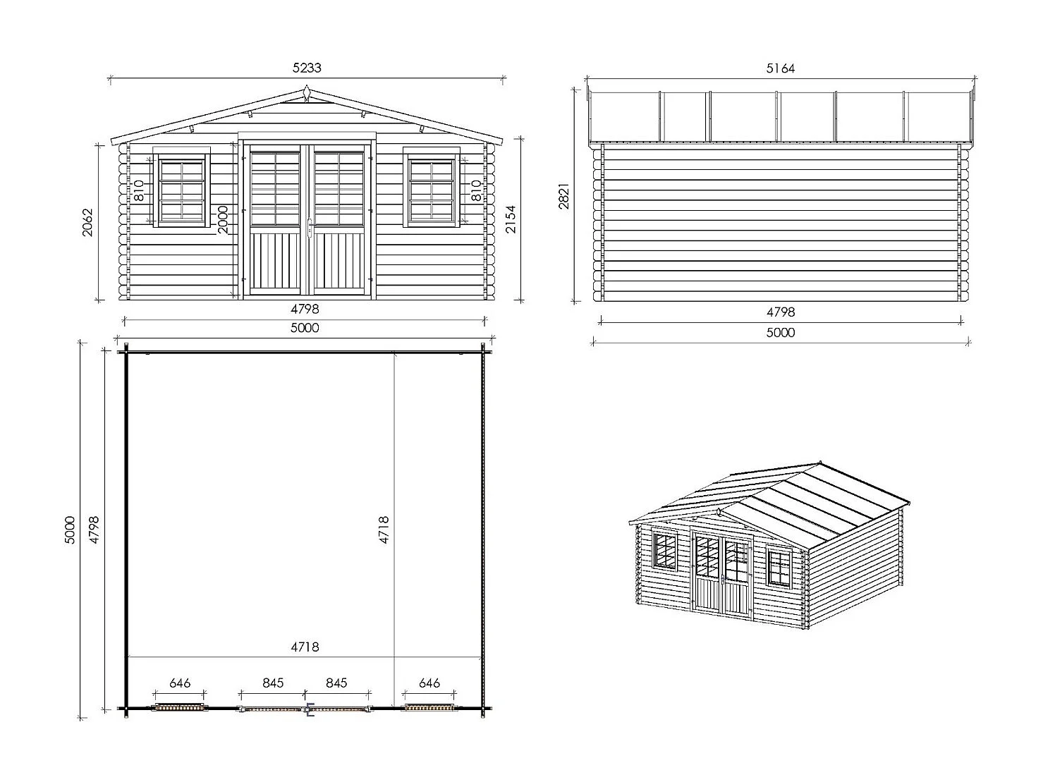 Abri de jardin en bois - 25m2 - 5x5m - Ep. 40mm - Couleur: naturel - DOM612 - ALTANKA