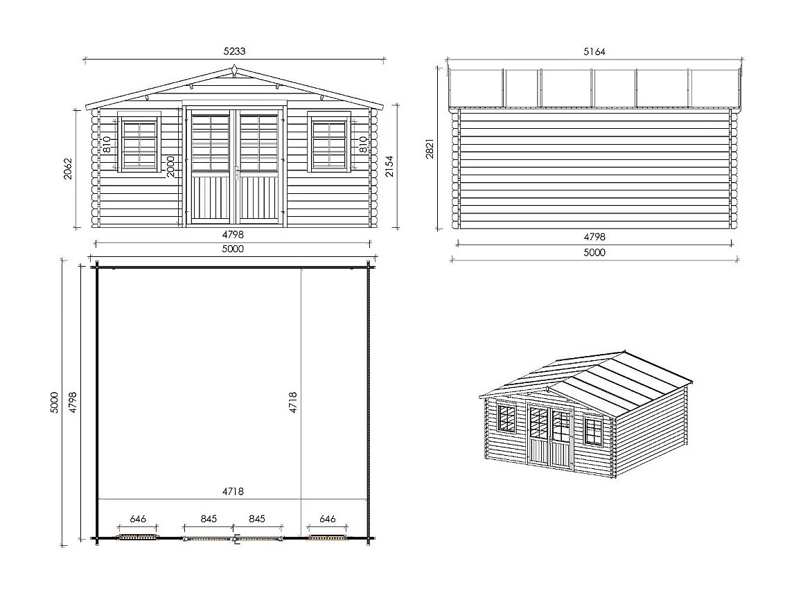 Abri de jardin en bois - 25m2 - 5x5m - Ep. 40mm - Couleur: naturel - DOM612 - ALTANKA
