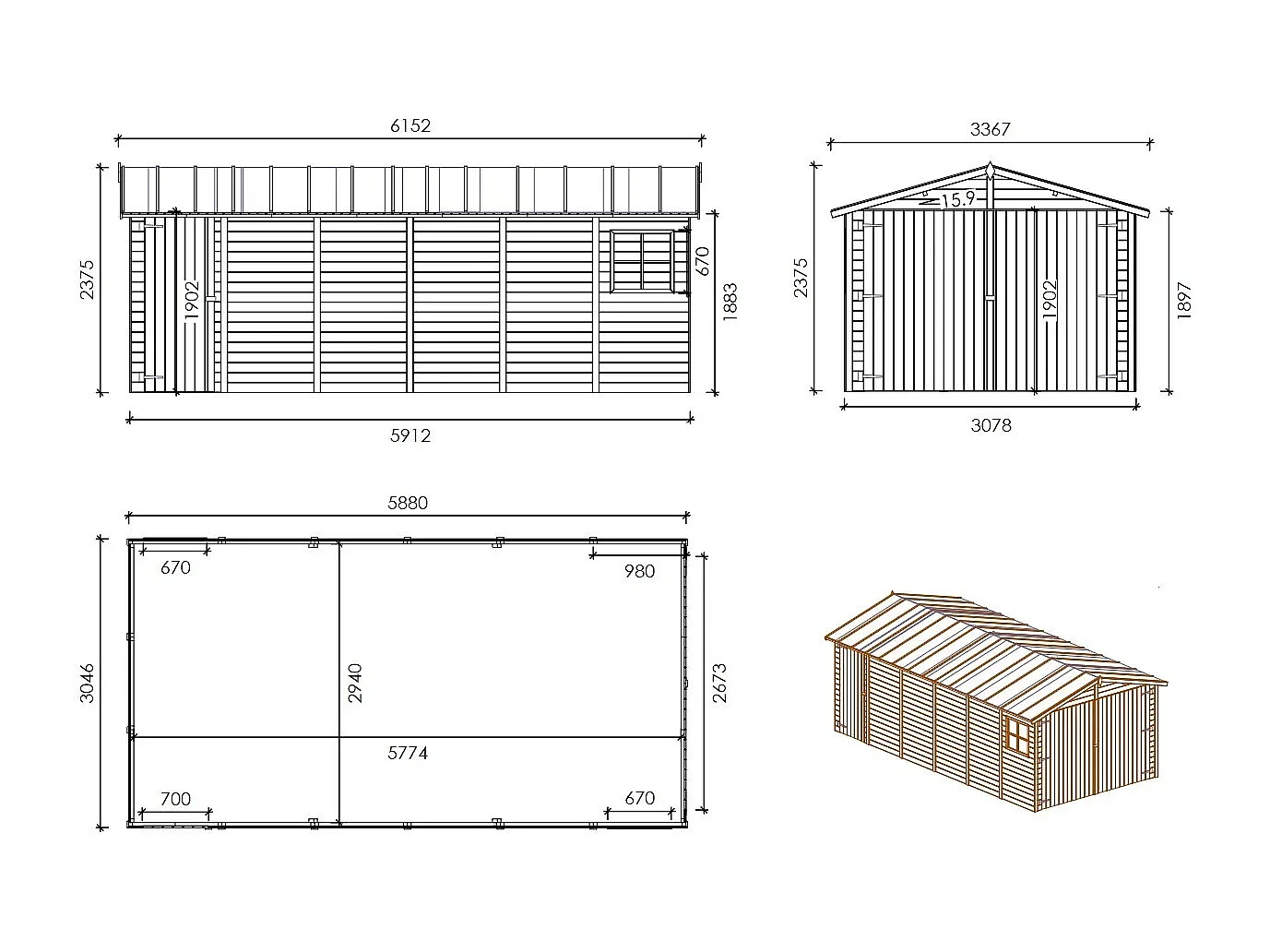 Garage in legno - 18.19m2 - 3.05x5.91m - 18mm - colore: naturale - GAR29 - ALTANKA