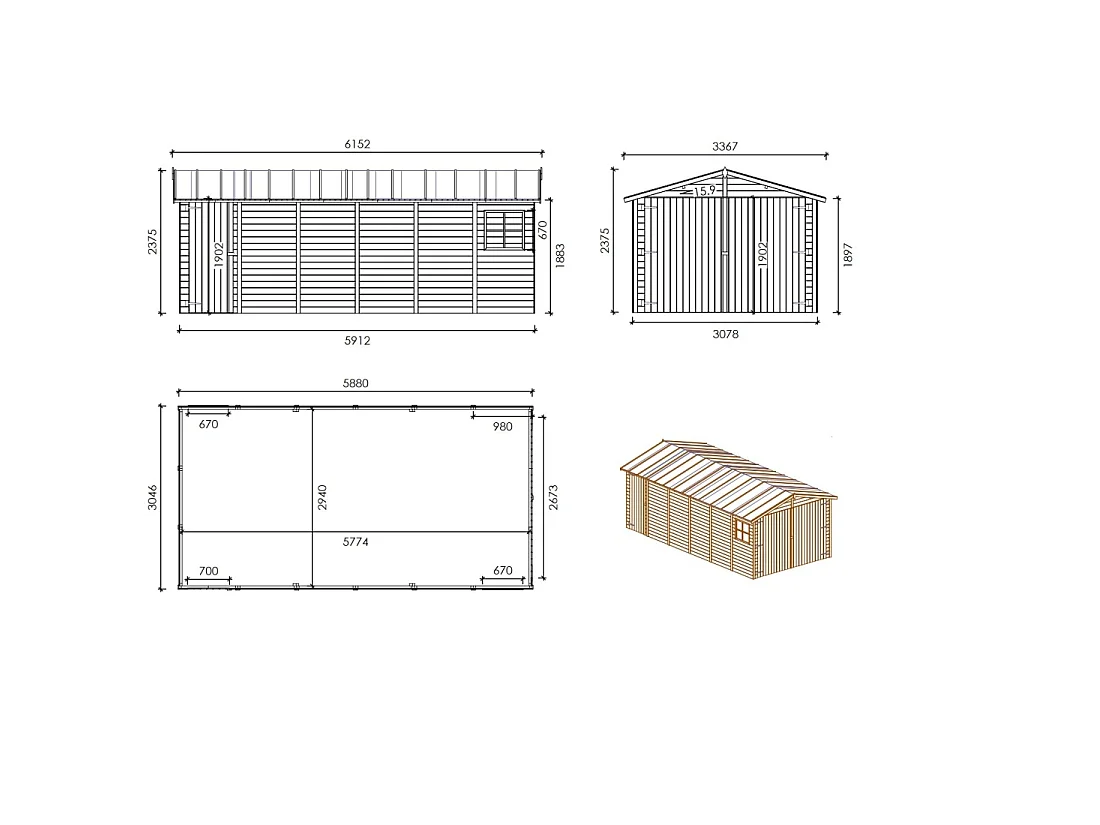 Garage in legno - 18.19m2 - 3.05x5.91m - 18mm - colore: naturale - GAR29 - ALTANKA