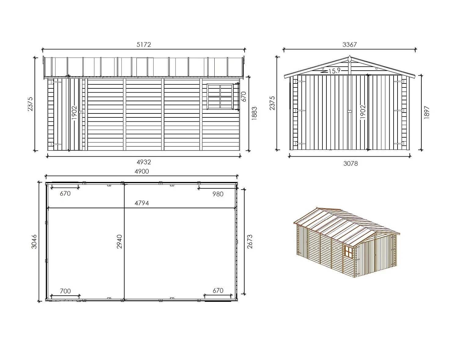 Garage in legno - 14.94m2 - 3.05x4.93m - 18mm - colore: naturale - GAR28 - ALTANKA