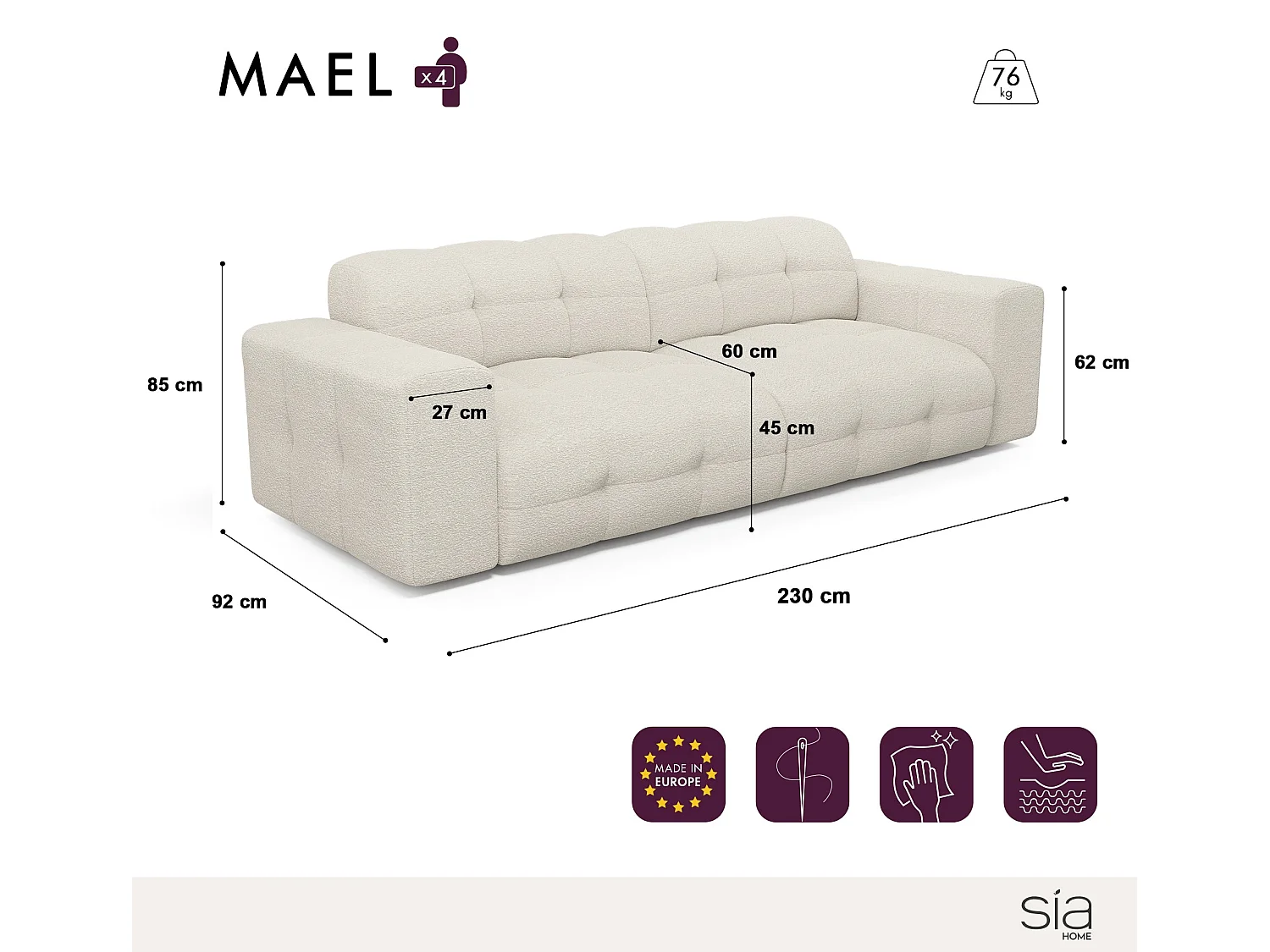 Canapé 4 places velours anthracite foncé 230cm MAEL