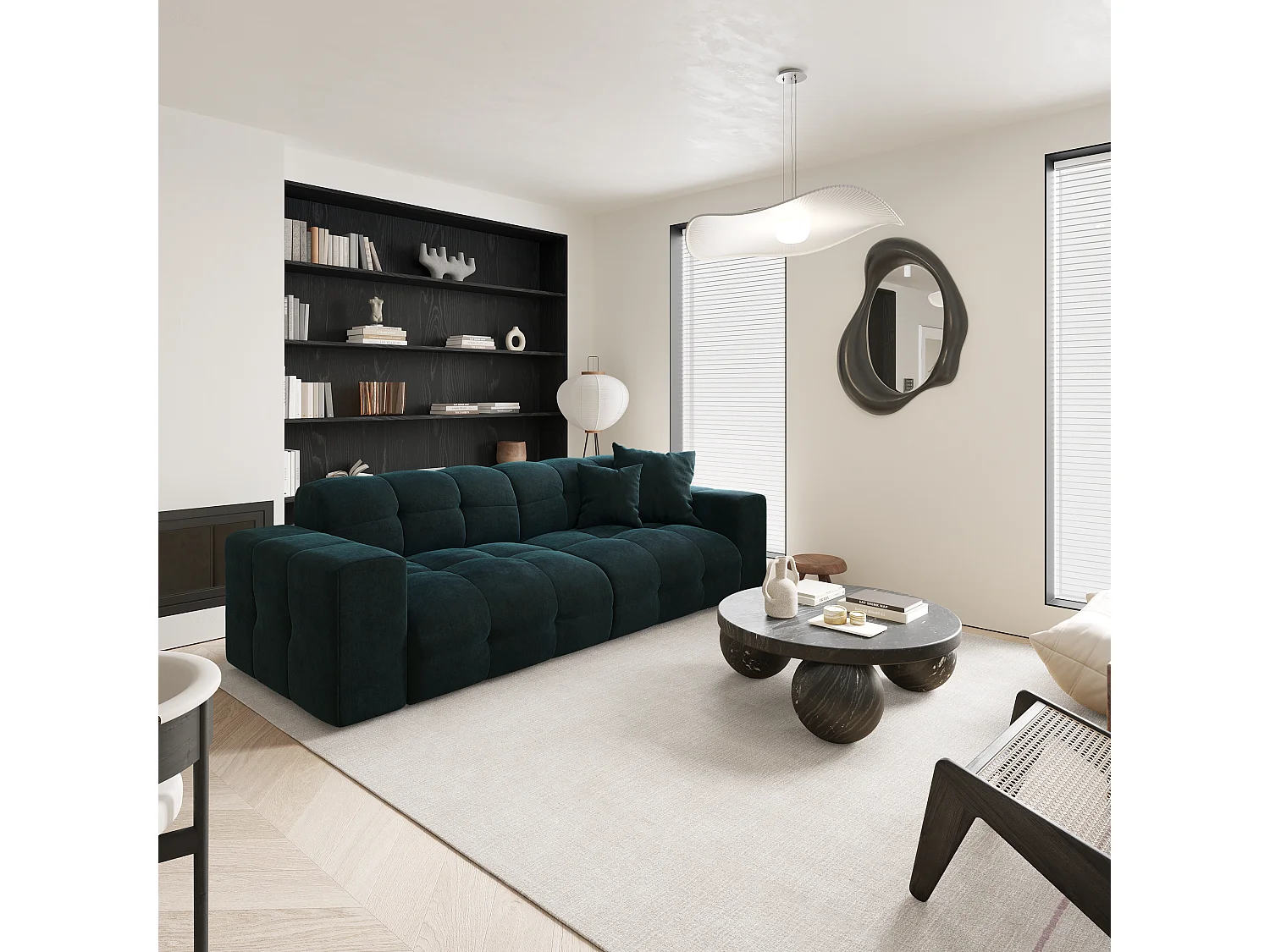 Canapé 4 places velours bleu paon 230cm MAEL