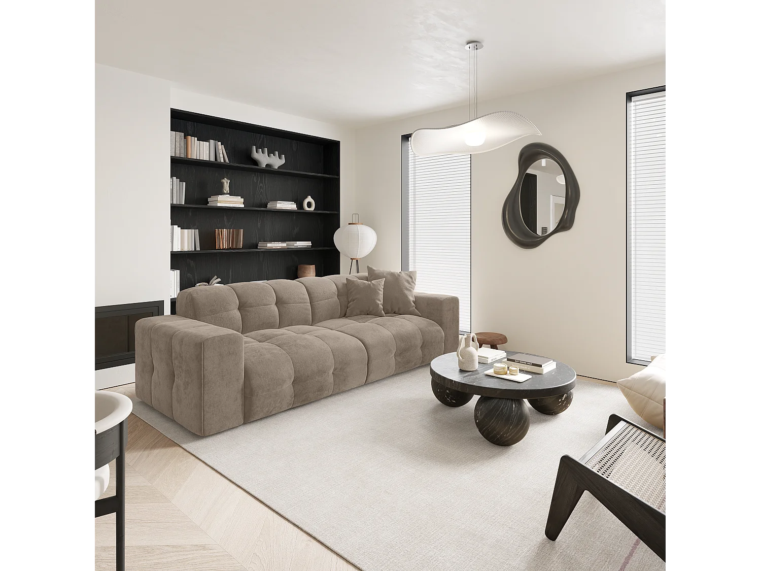 Canapé 4 places velours taupe 230cm MAEL