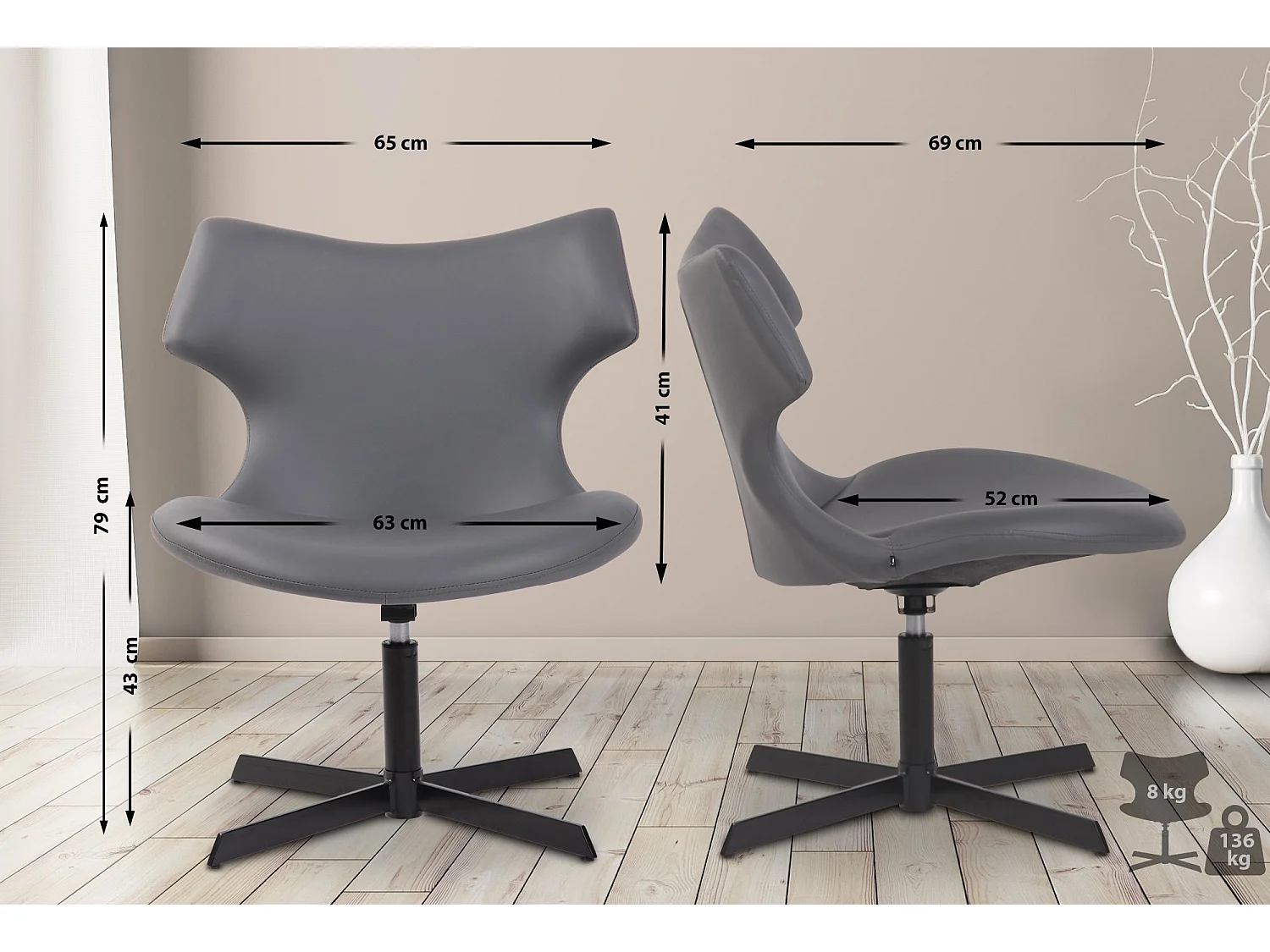 Chaise gondole - Similicuir & Métal noir mat - Gris - Welland