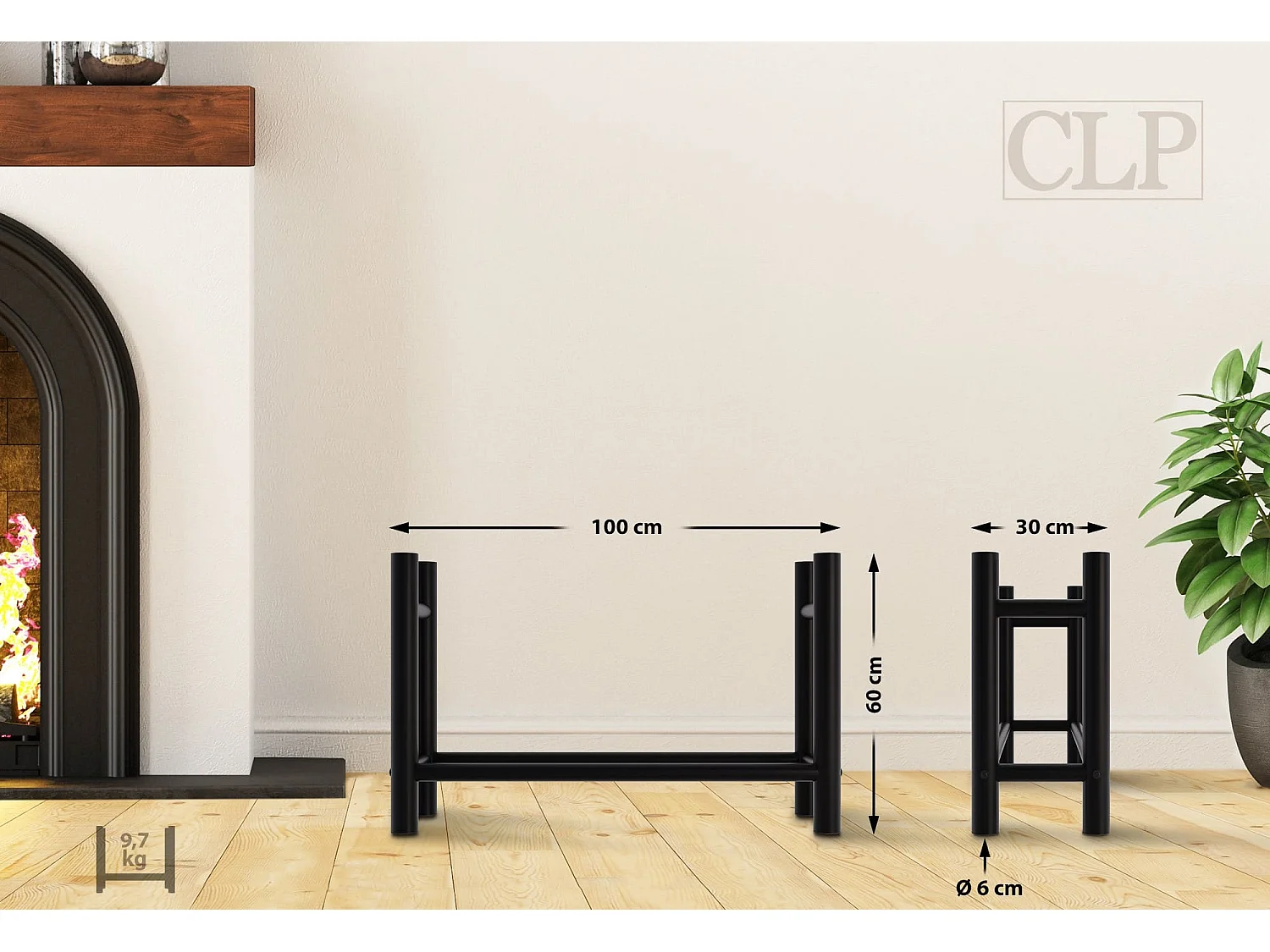 Etagère bois de cheminée - Métal - 30x100x60 cm - Noir - Medya