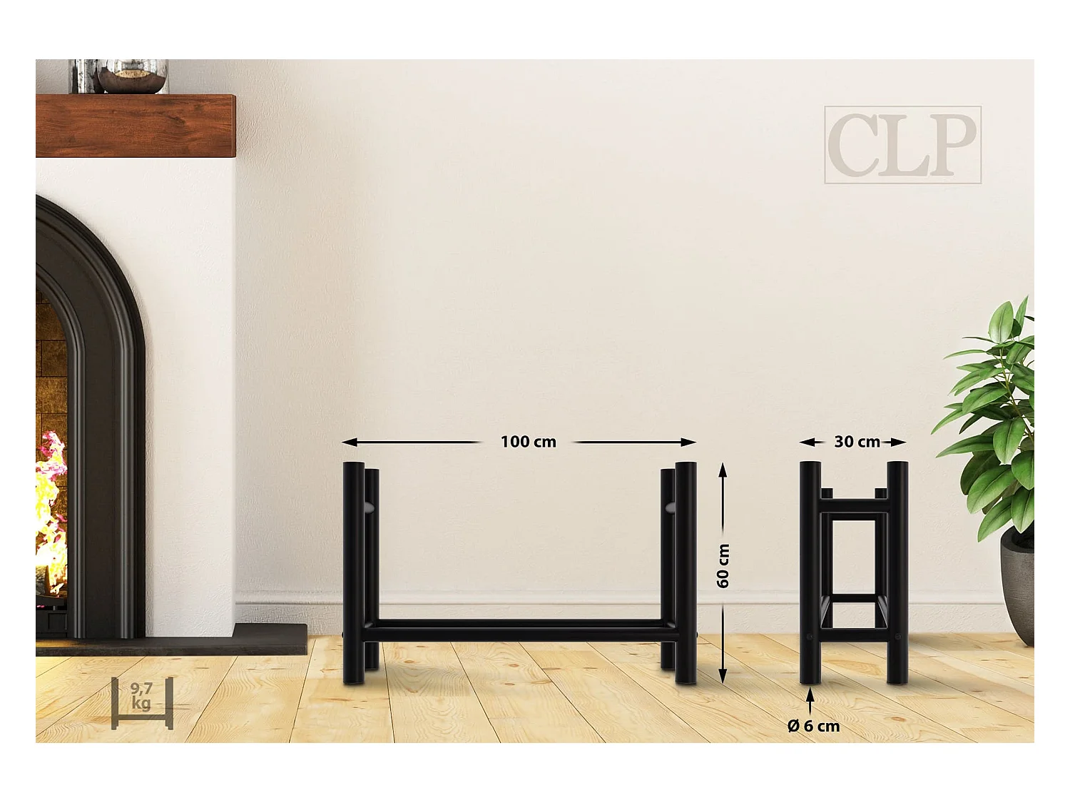 Etagère bois de cheminée - Métal - 30x100x60 cm - Noir - Medya