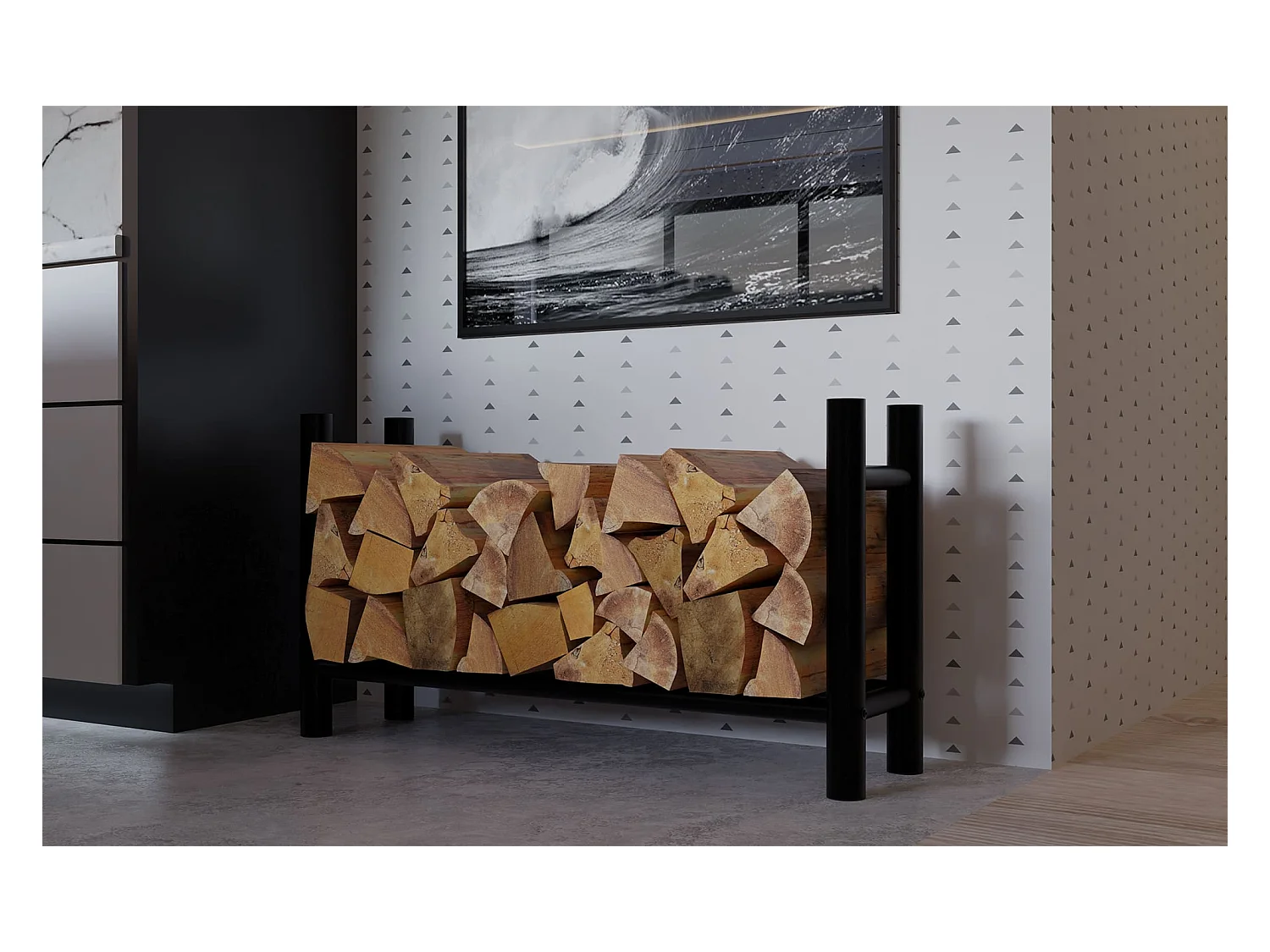 Etagère bois de cheminée - Métal - 30x100x60 cm - Noir - Medya