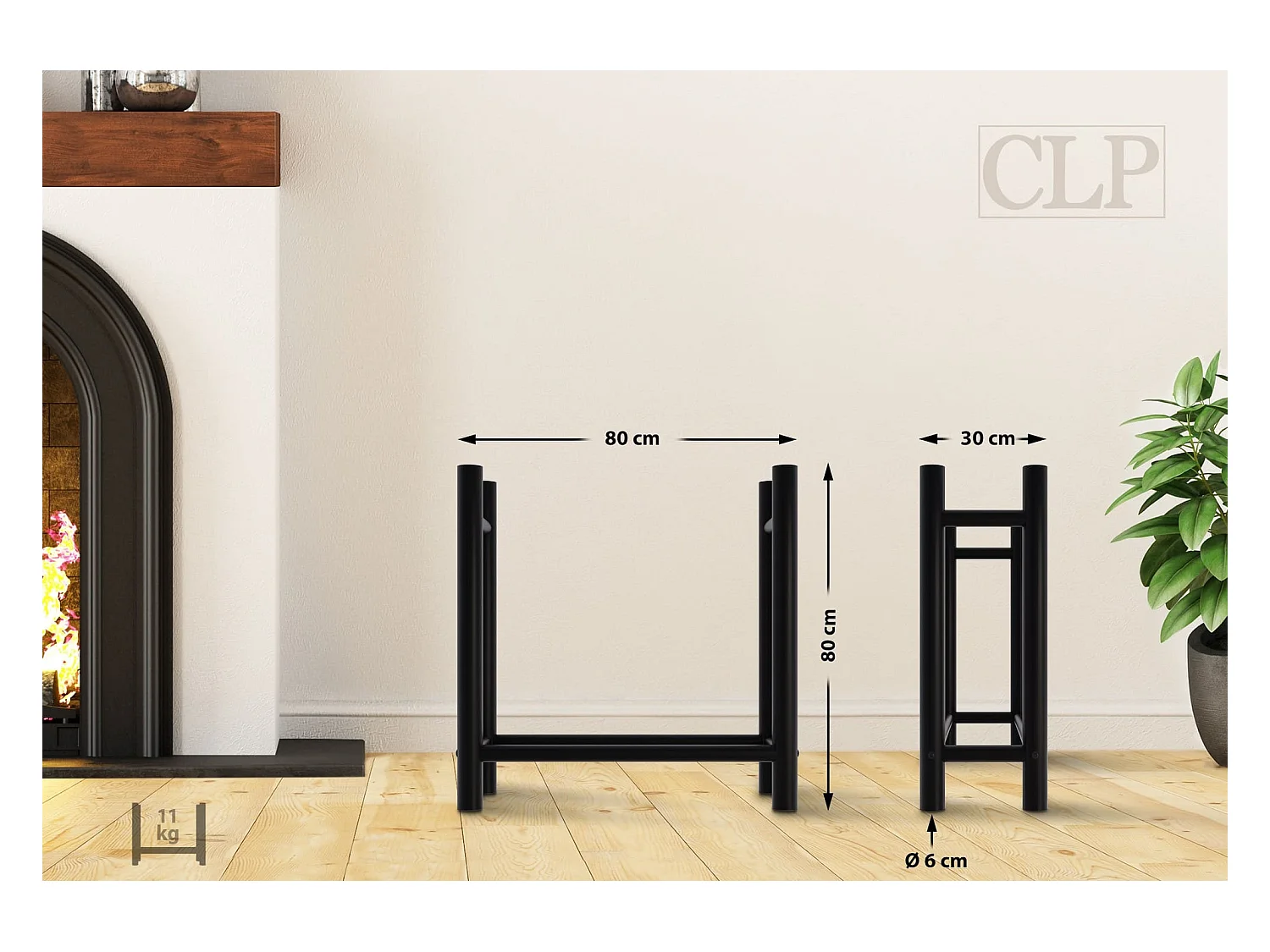 Etagère bois de cheminée - Métal - 30x80x80 cm - Noir - Medya