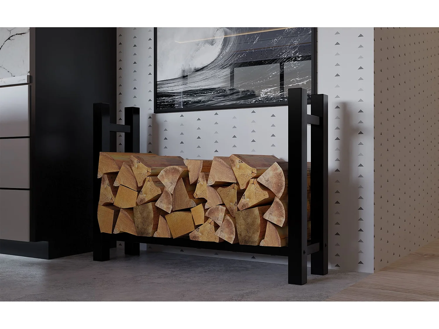 Etagère bois de cheminée - Métal - 30x100x80 cm - Noir - Medya