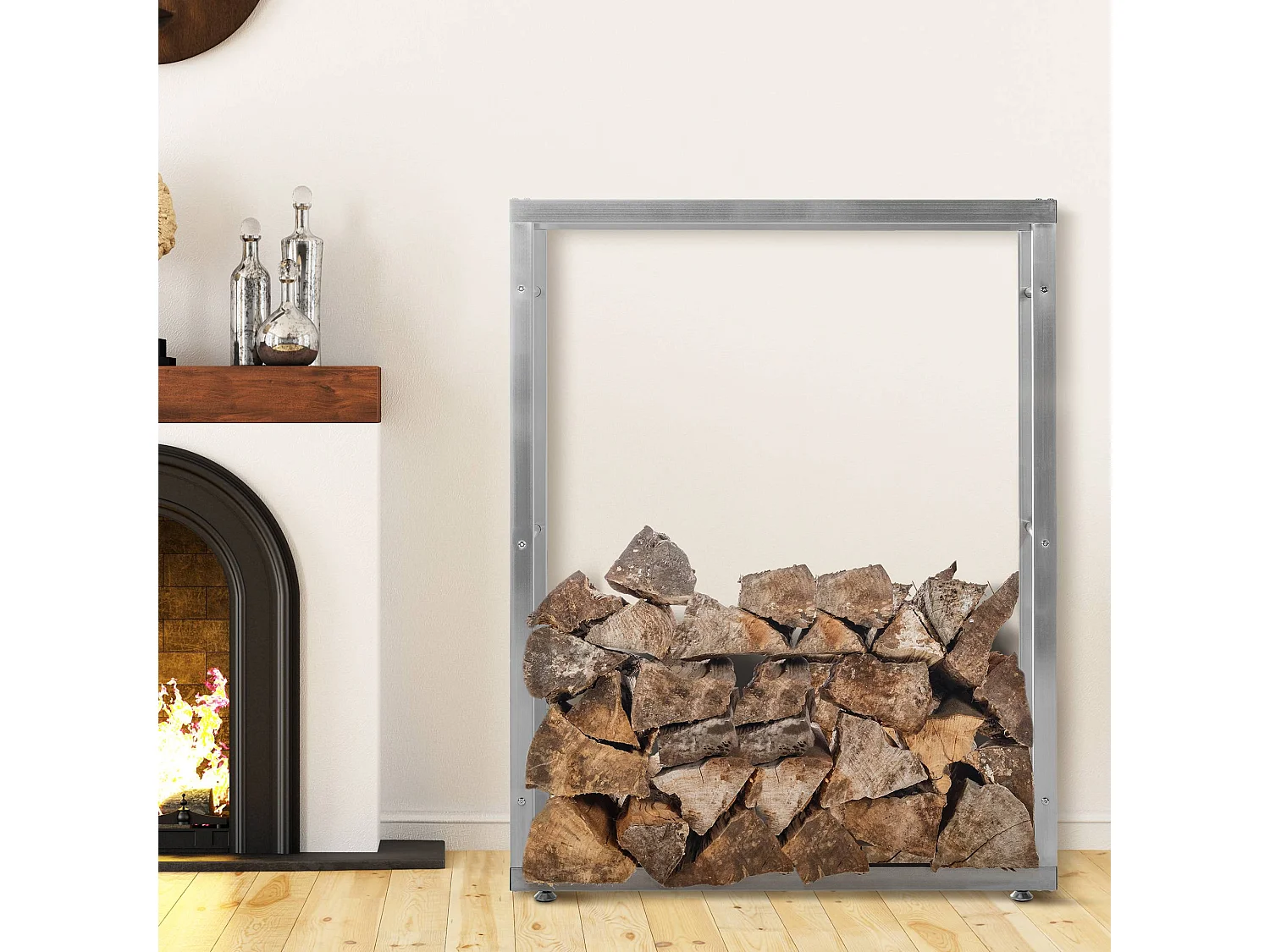 Etagère bois de cheminée - Acier inoxydable - 125 x 25 x 100cm - Acier inoxydable - Keri V2