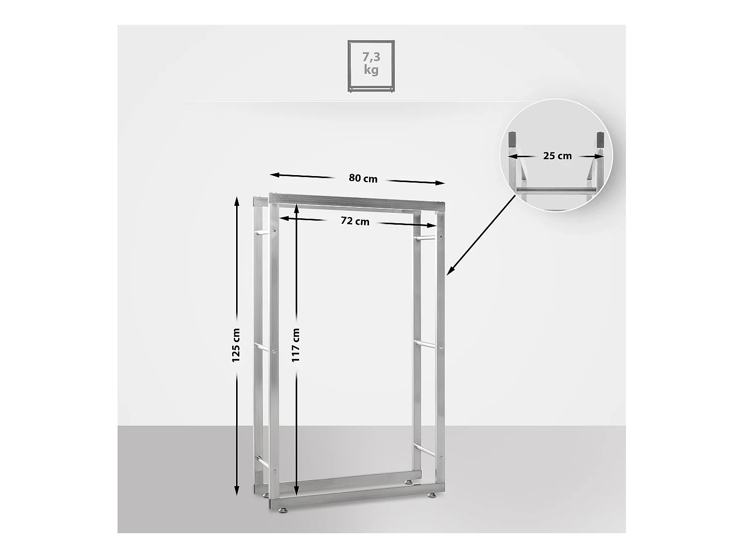 Etagère bois de cheminée - Acier inoxydable - 125 x 25 x 80cm - Acier inoxydable - Keri V2