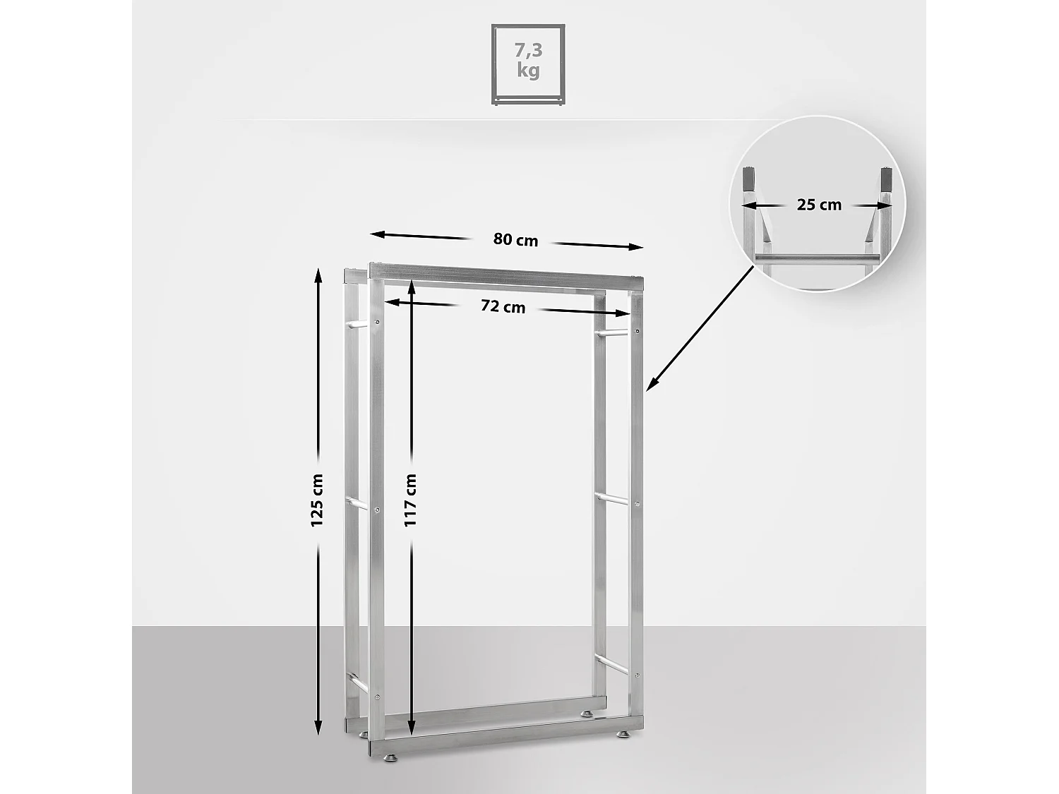 Etagère bois de cheminée - Acier inoxydable - 125 x 25 x 80cm - Acier inoxydable - Keri V2