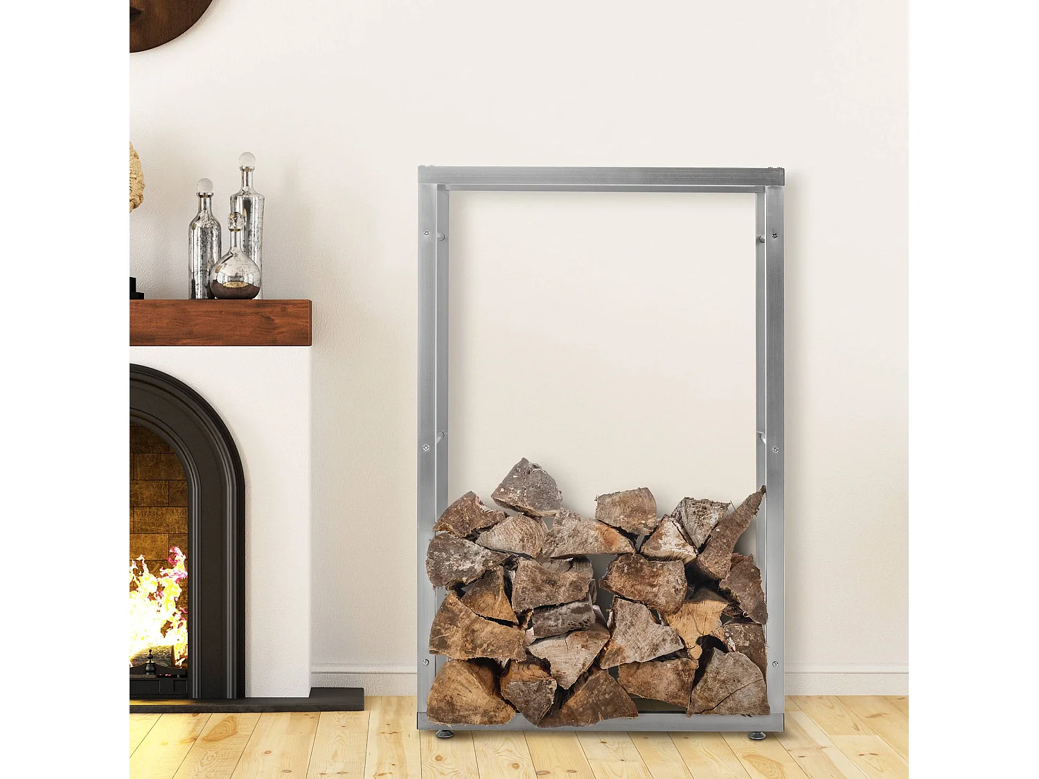 Etagère bois de cheminée - Acier inoxydable - 25x80x125 cm - Acier inoxydable - Keri V2