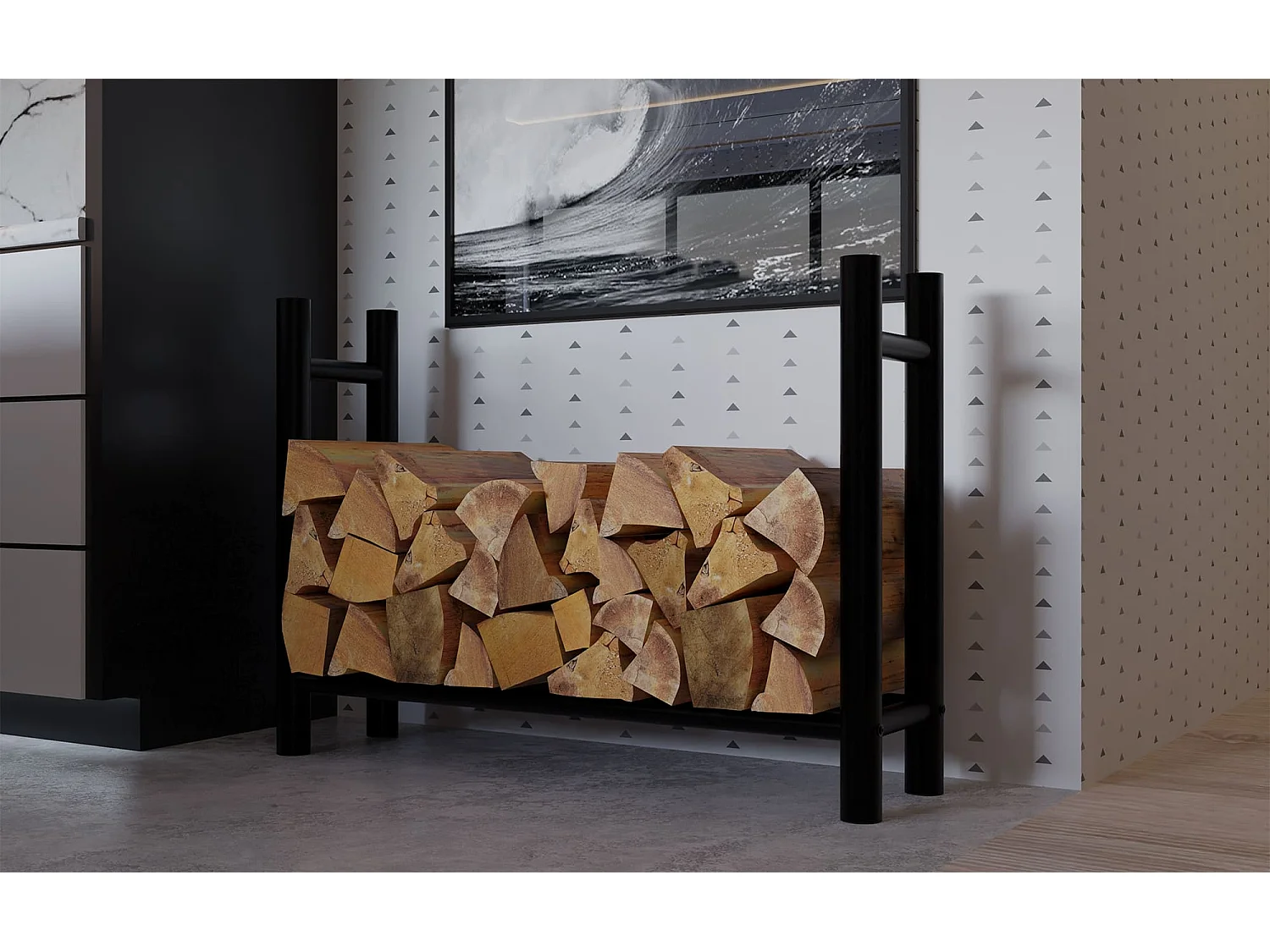 Etagère bois de cheminée - Métal - 30x100x80 cm - Noir - Medya