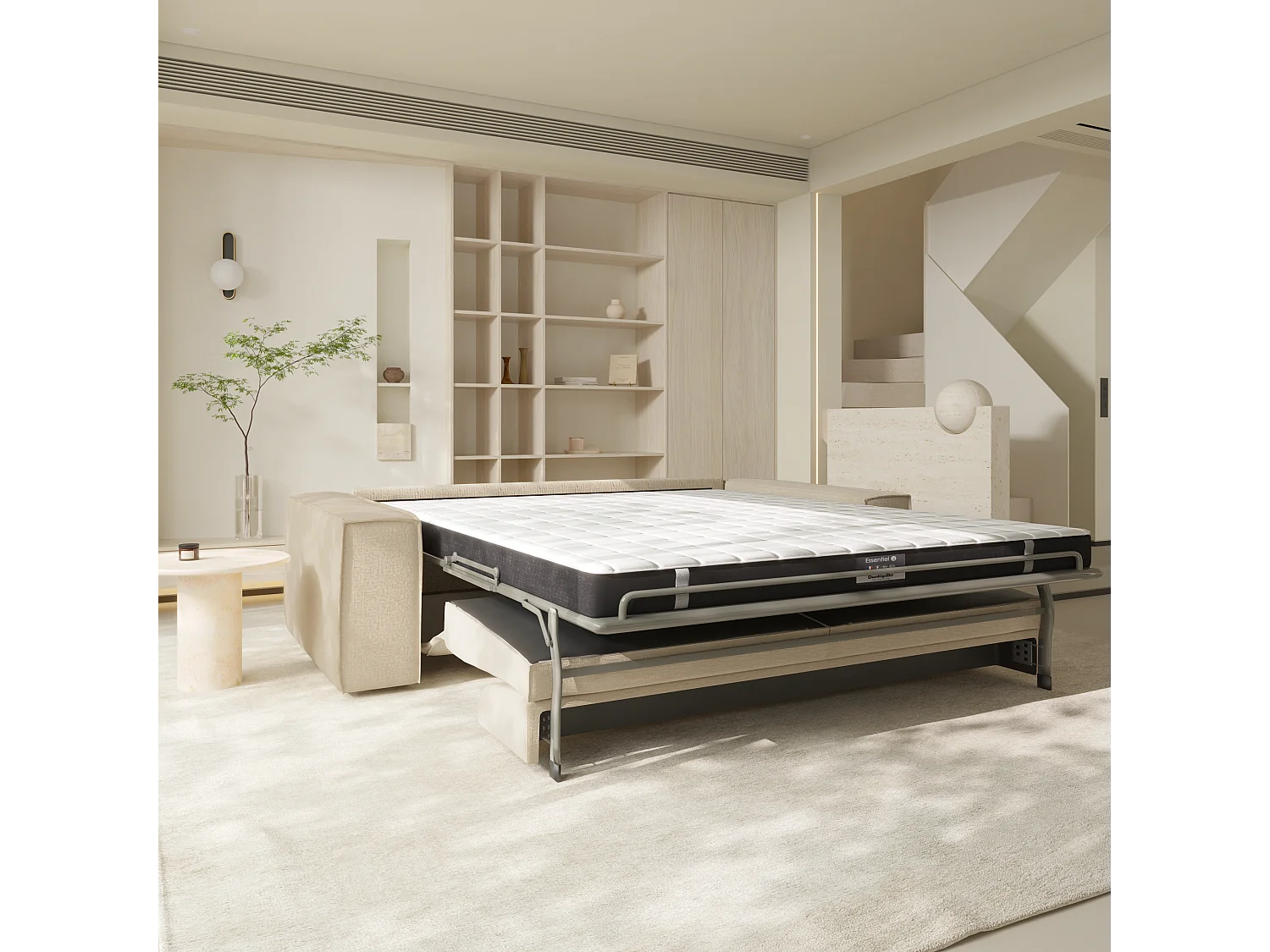 Canapé convertible express dunlopillo velours à motifs crème 160cm JOAN