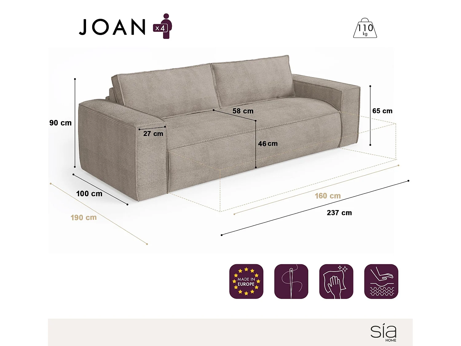 Canapé convertible express dunlopillo velours à motifs beige 160cm JOAN