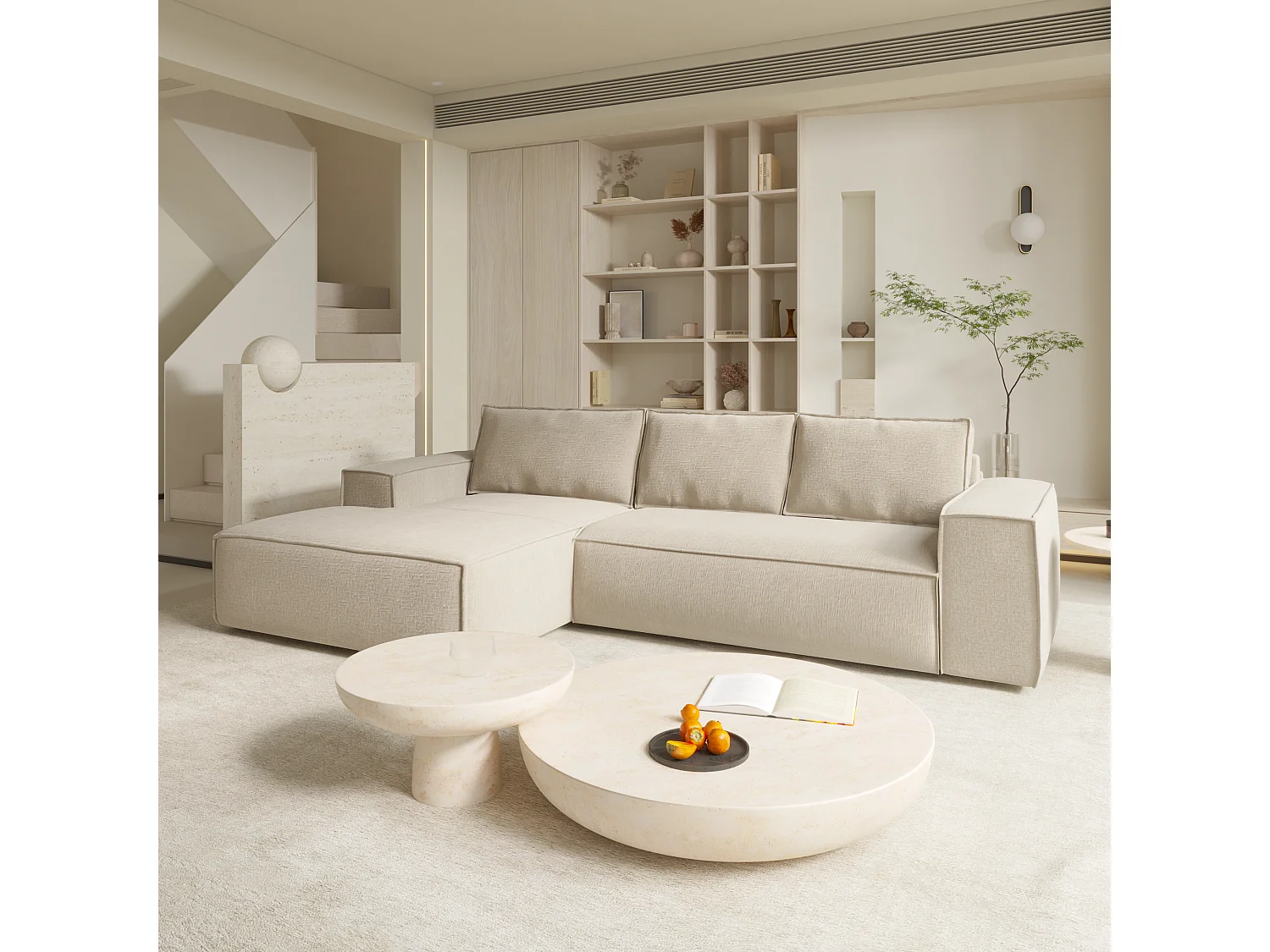 Canapé convertible angle gauche matelas velours à motifs crème 140cm JOAN