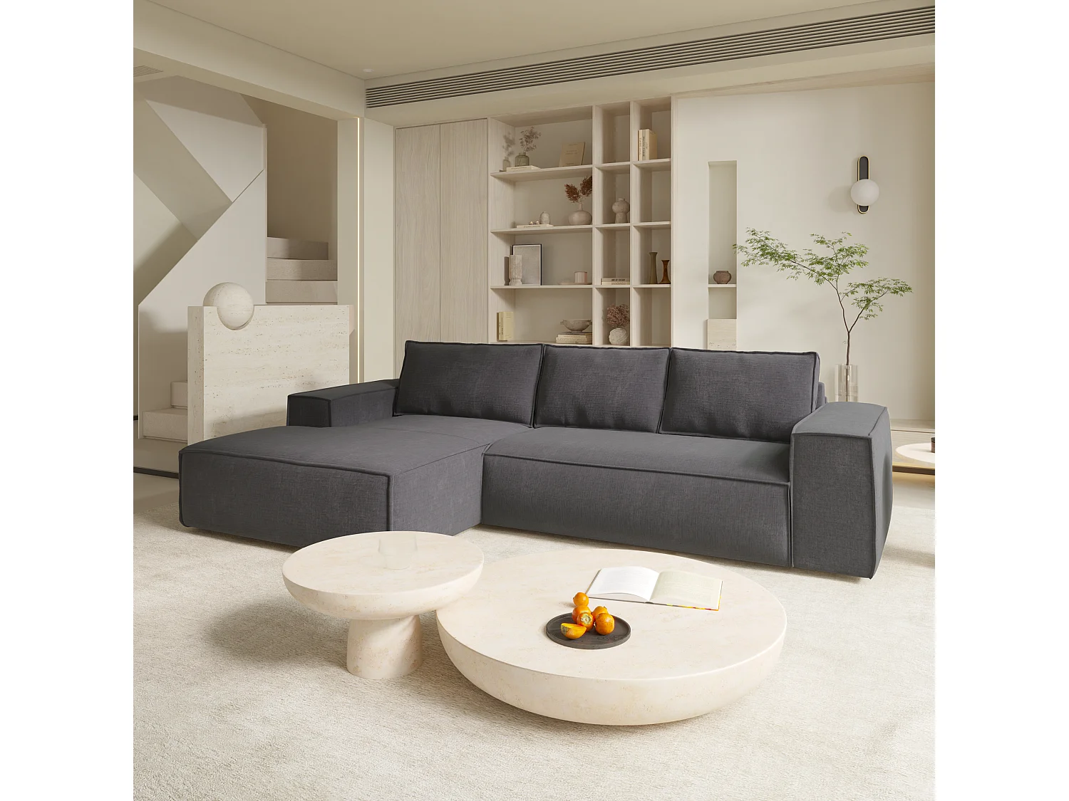 Canapé convertible angle gauche dunlopillo velours à motifs gris 140cm JOAN