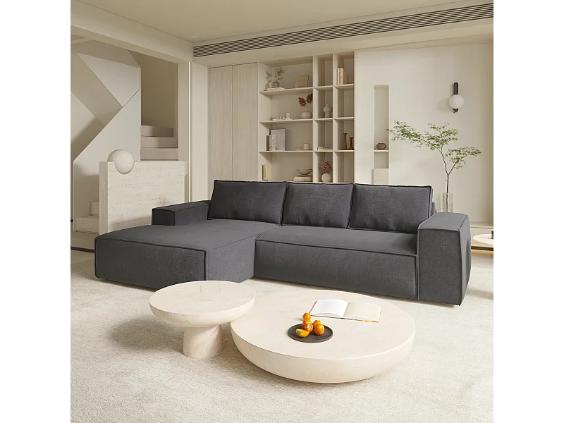 Canapé convertible angle gauche dunlopillo velours à motifs gris 140cm JOAN