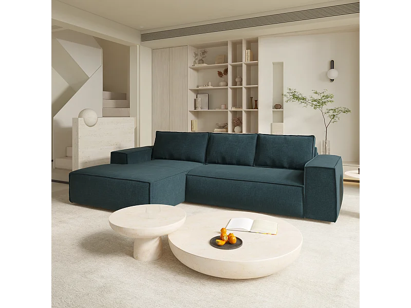 Canapé convertible angle gauche dunlopillo velours à motifs bleu 140cm JOAN