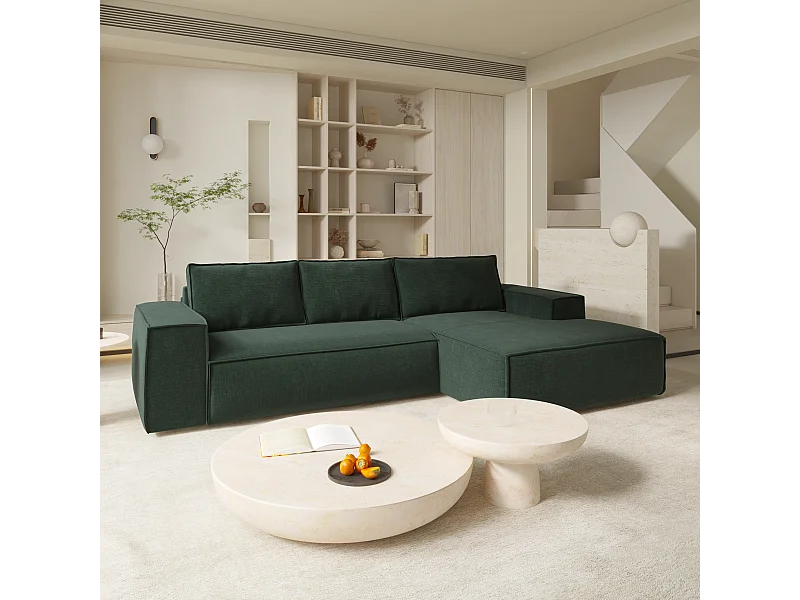 Canapé convertible angle droit dunlopillo velours à motifs vert 140cm JOAN