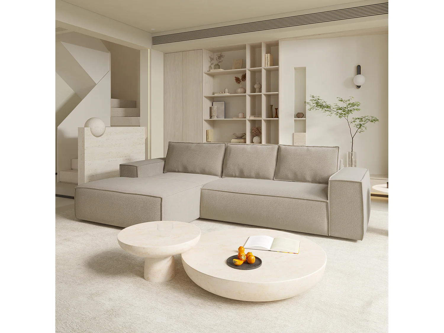 Canapé convertible angle gauche matelas velours à motifs beige 140cm JOAN