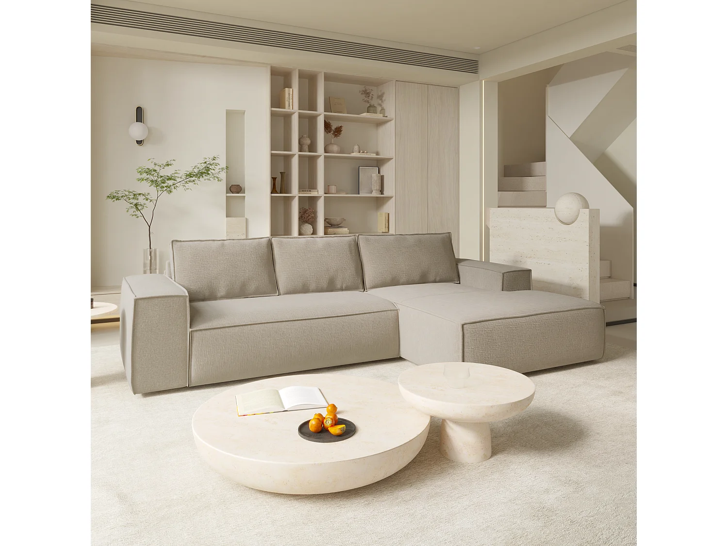 Canapé convertible angle droit dunlopillo velours à motifs beige 140cm JOAN