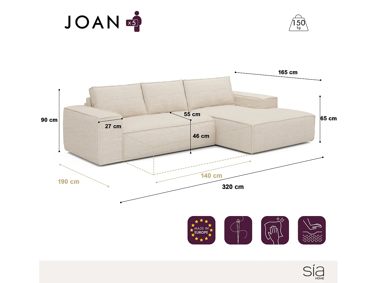 Canapé convertible angle droit 5 places JOAN en velours crème