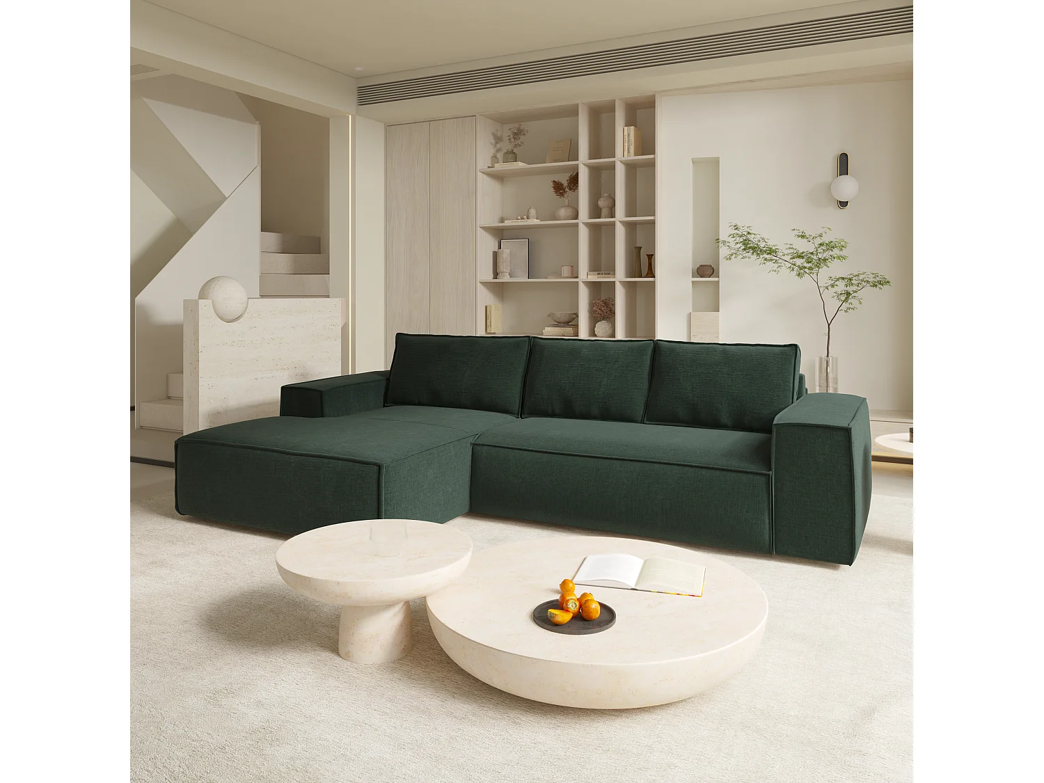 Canapé convertible angle gauche dunlopillo velours à motifs vert 140cm JOAN