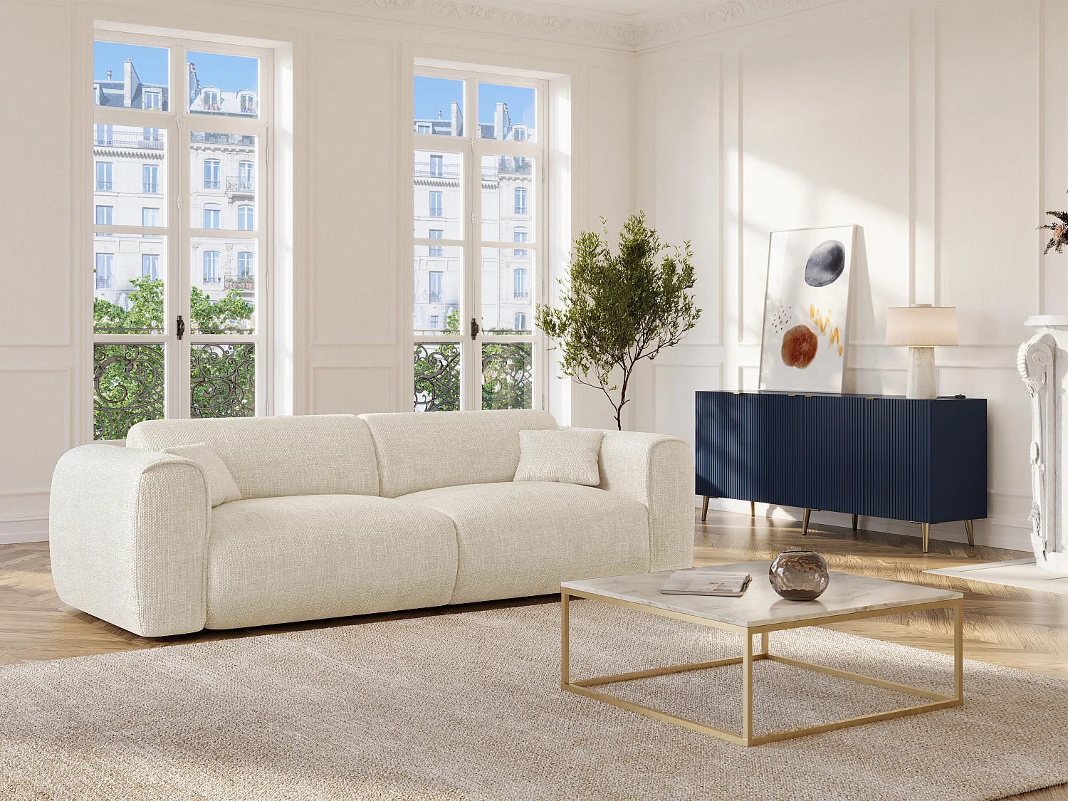 Sofa 4-Sitzer mit Matratze - Strukturstoff - Beige - POGNIA