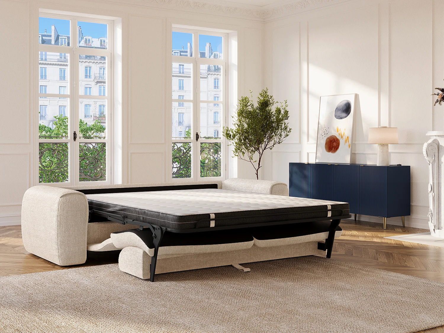 Express-vierzitsslaapbank van beige stof met textuur POGNIA