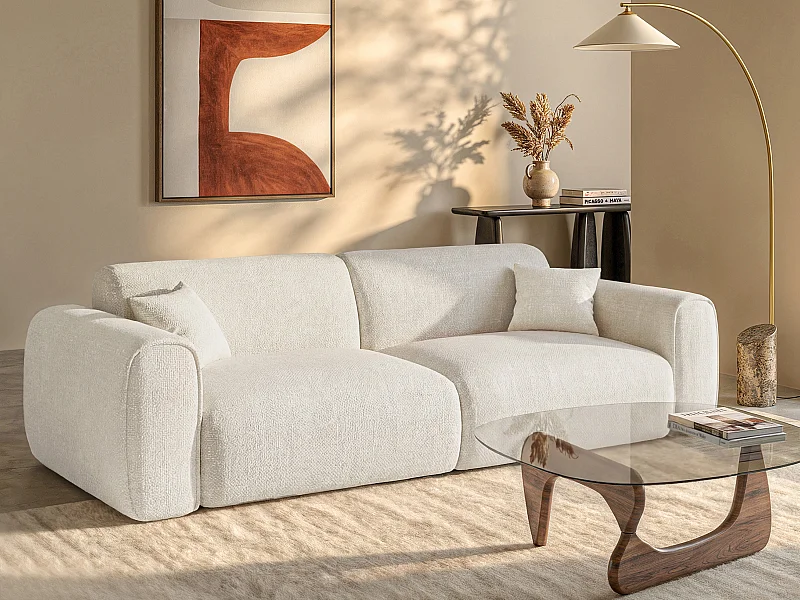 Express-vierzitsslaapbank van beige stof met textuur POGNIA