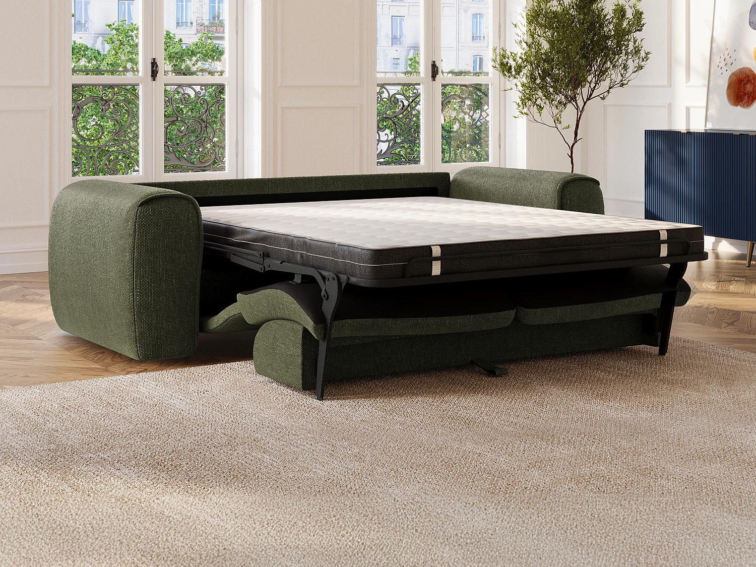 Canapé 3 places convertible express en tissu texturé vert kaki POGNIA