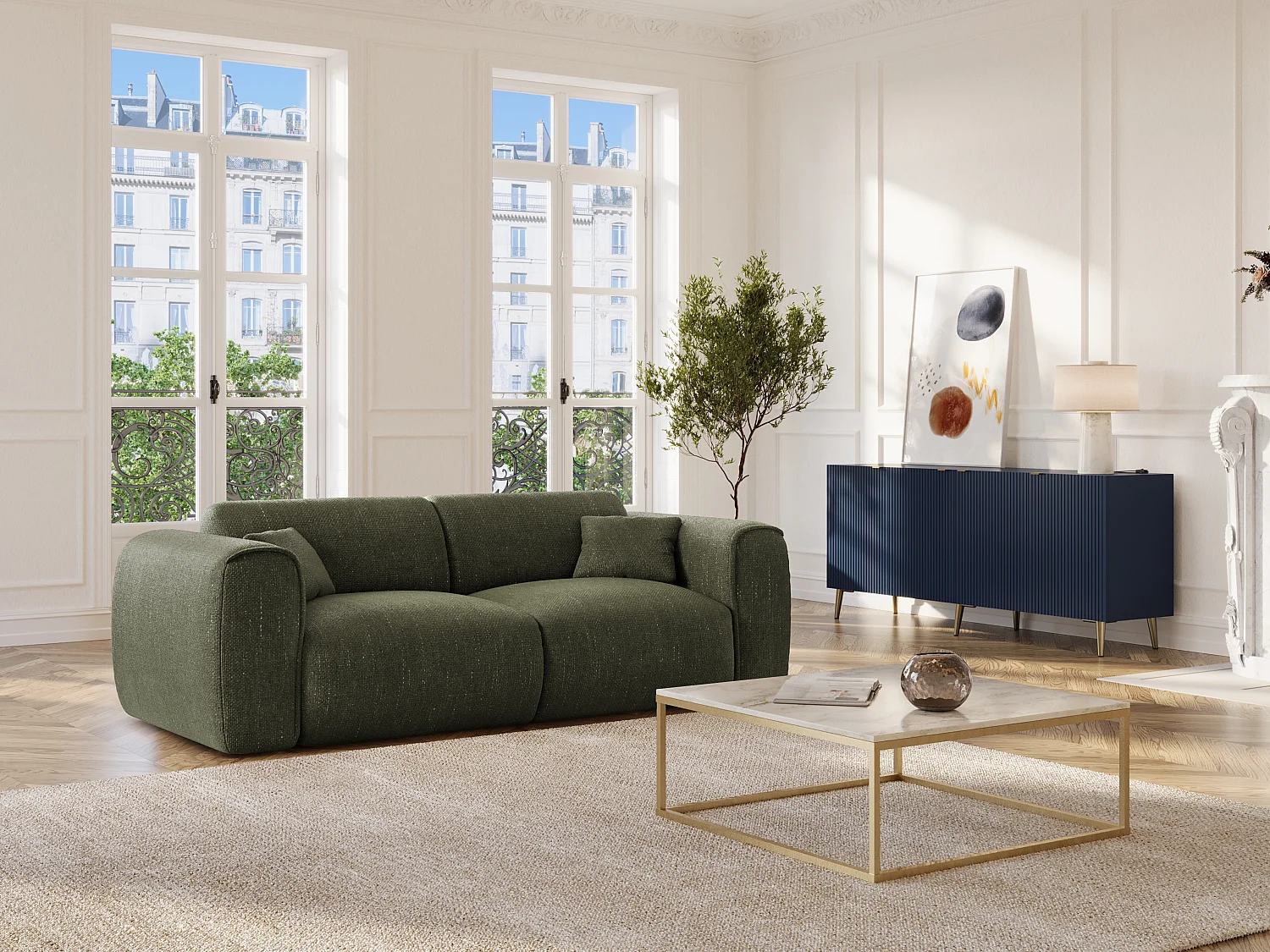 Canapé 3 places convertible express en tissu texturé vert kaki POGNIA