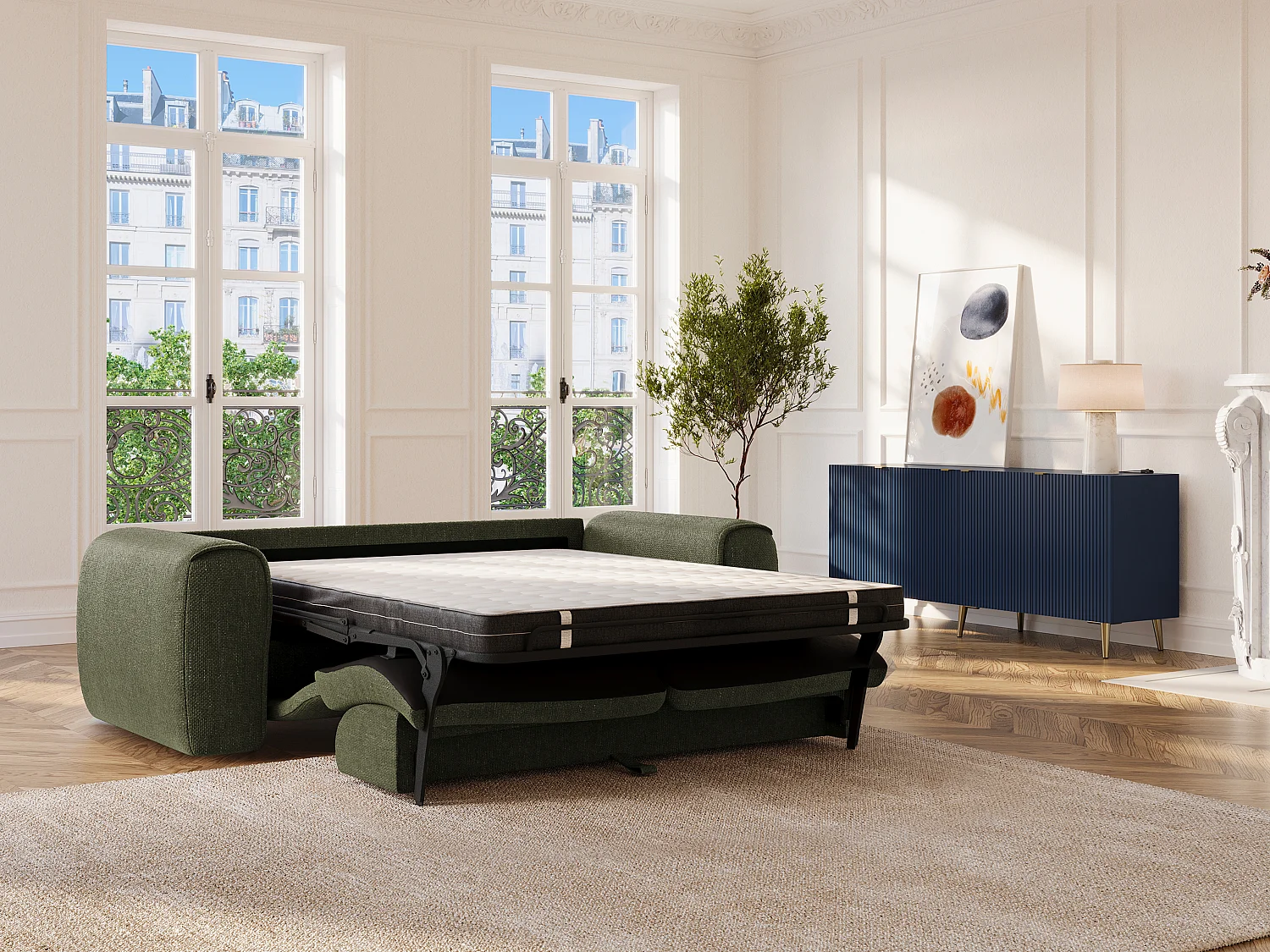 Canapé 3 places convertible express en tissu texturé vert kaki POGNIA