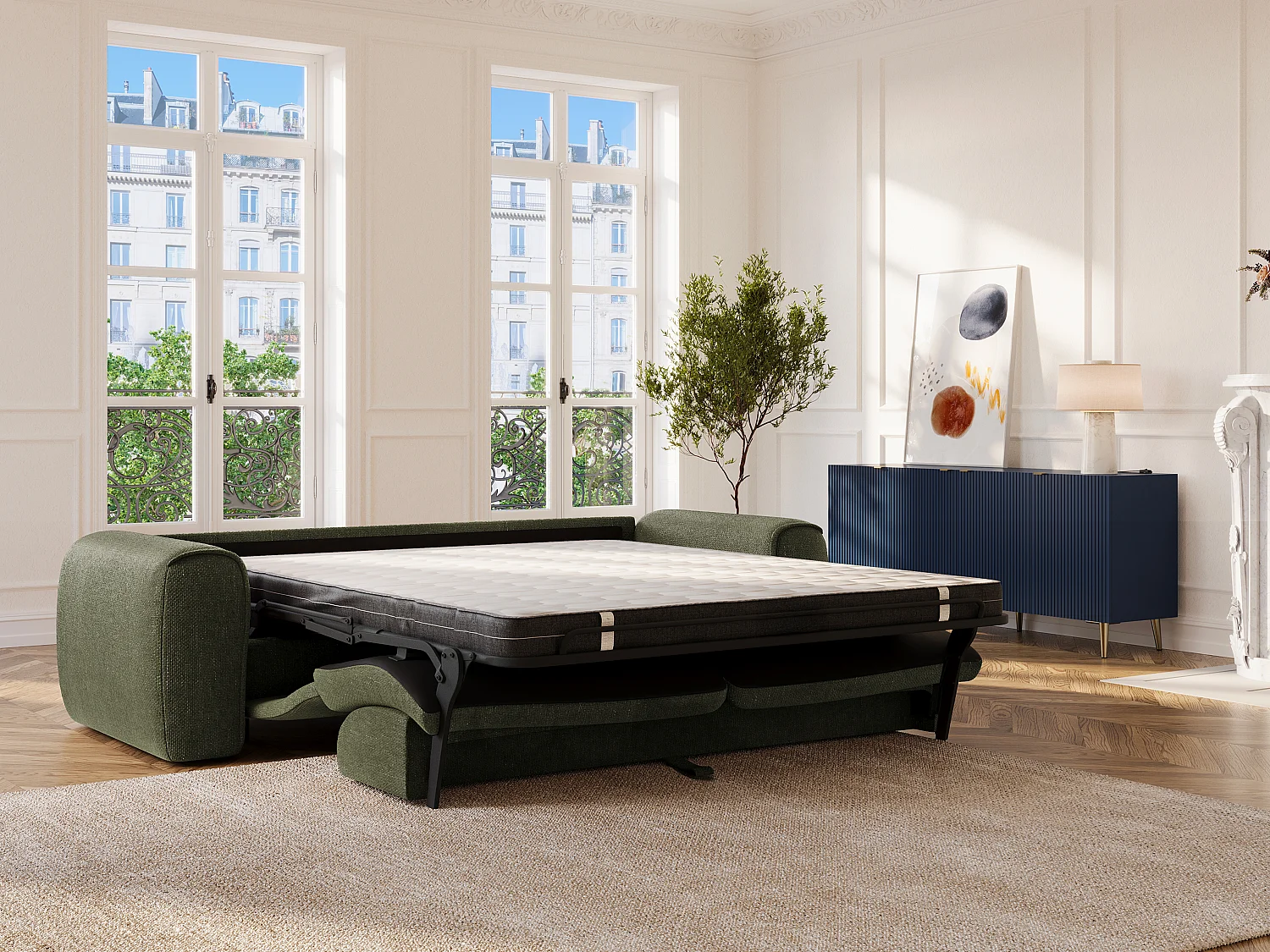 Canapé 4 places convertible express en tissu texturé vert kaki POGNIA