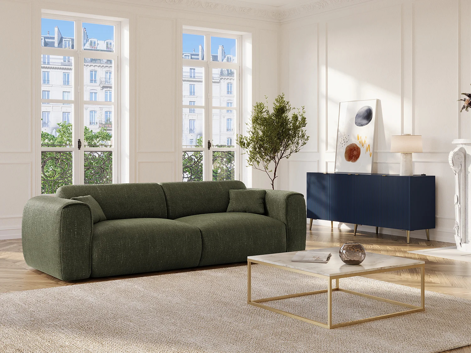 Canapé 4 places convertible express en tissu texturé vert kaki POGNIA