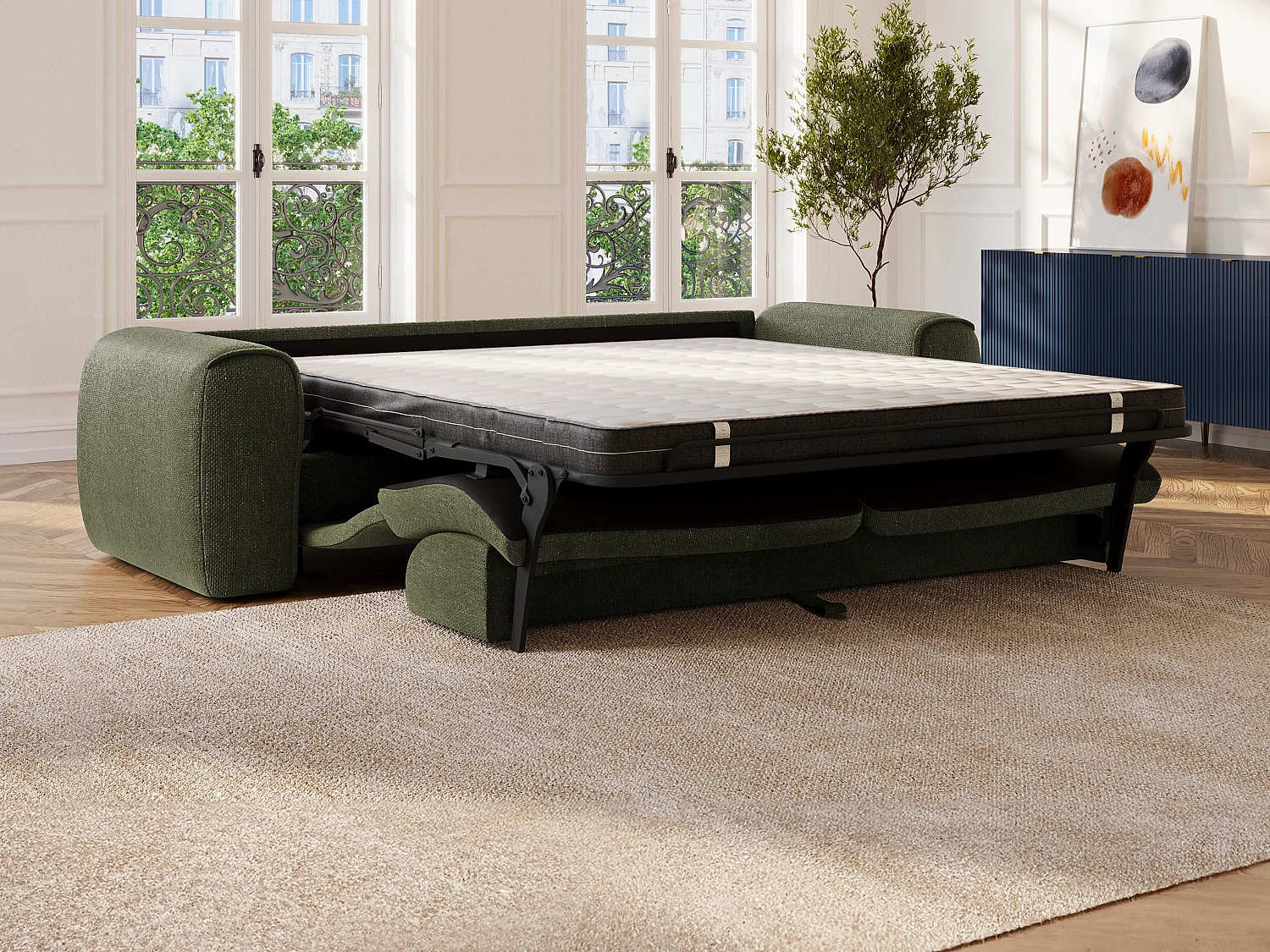 Sofá de 4 lugares convertível abertura rápida tecido texturizado verde caqui - POGNIA