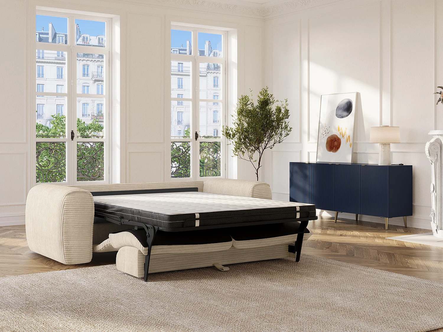 Canapé 3 places convertible express en velours côtelé beige - Matelas 13 cm mémoire de forme POGNIA