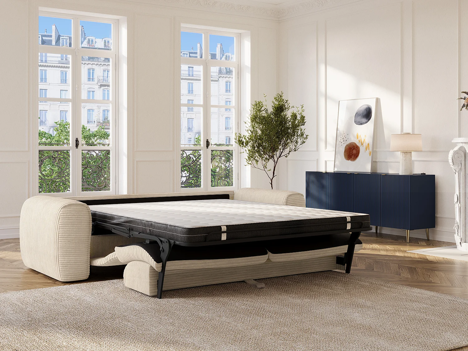 Canapé 4 places convertible express en velours côtelé beige - Matelas 13 cm mémoire de forme POGNIA