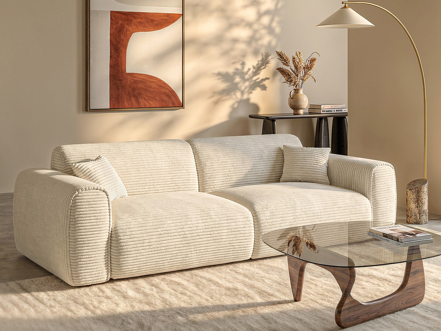 Sofa 4-Sitzer mit Matratze - Cord - Beige - POGNIA günstig online kaufen