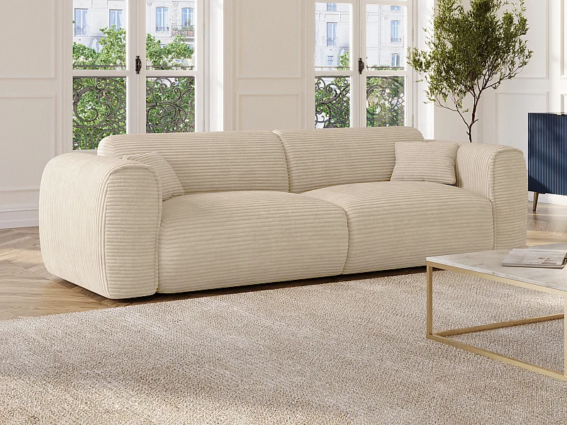 Canapé 4 places convertible express en velours côtelé beige - Matelas 13 cm mémoire de forme POGNIA