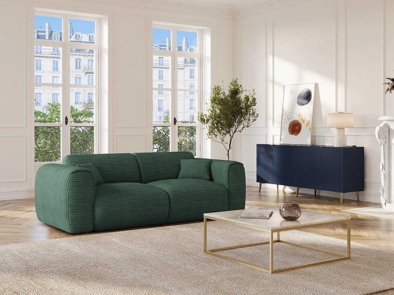 Canapé 3 places convertible express en velours côtelé vert sapin POGNIA