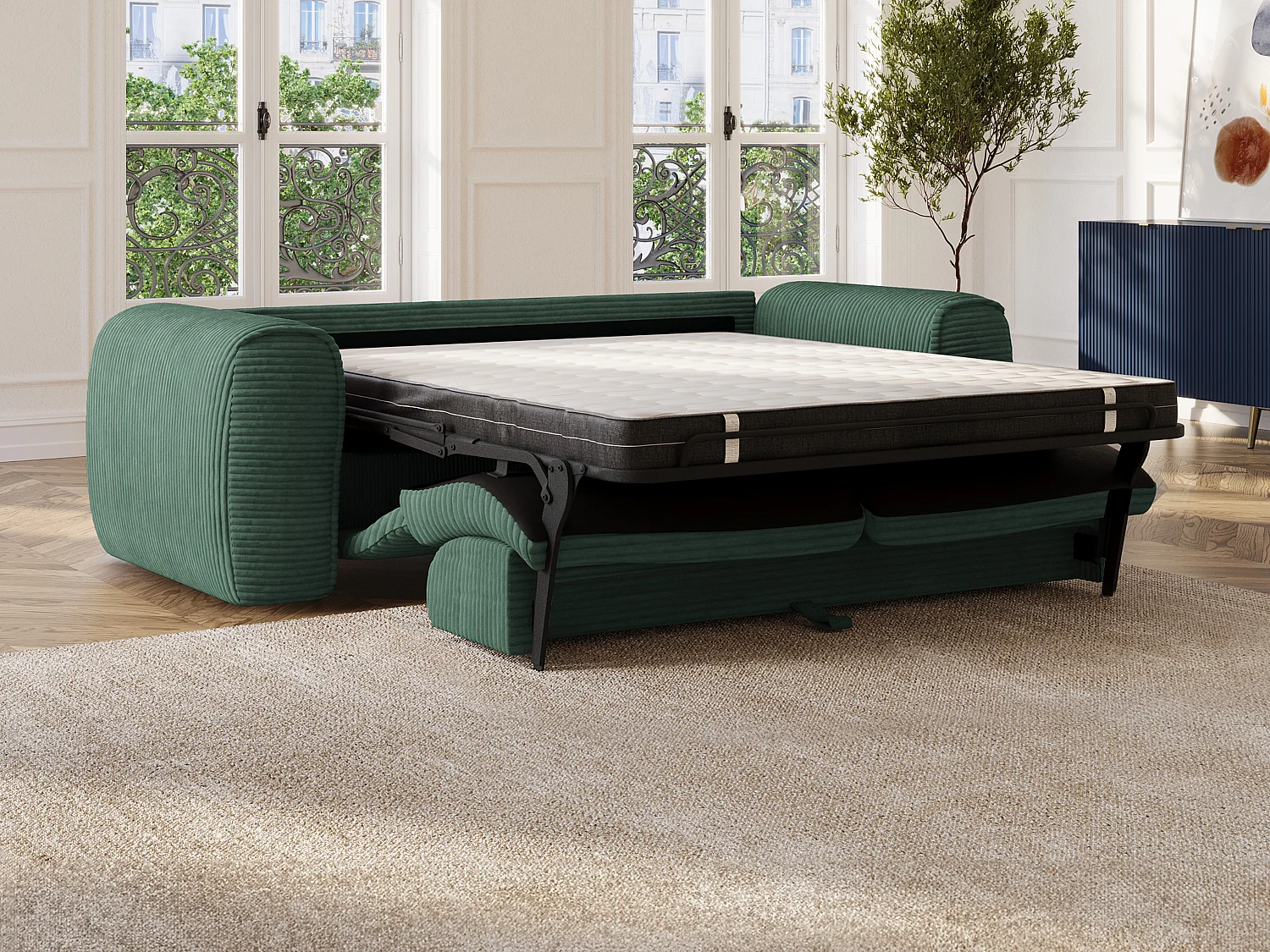 Canapé 3 places convertible express en velours côtelé vert sapin POGNIA